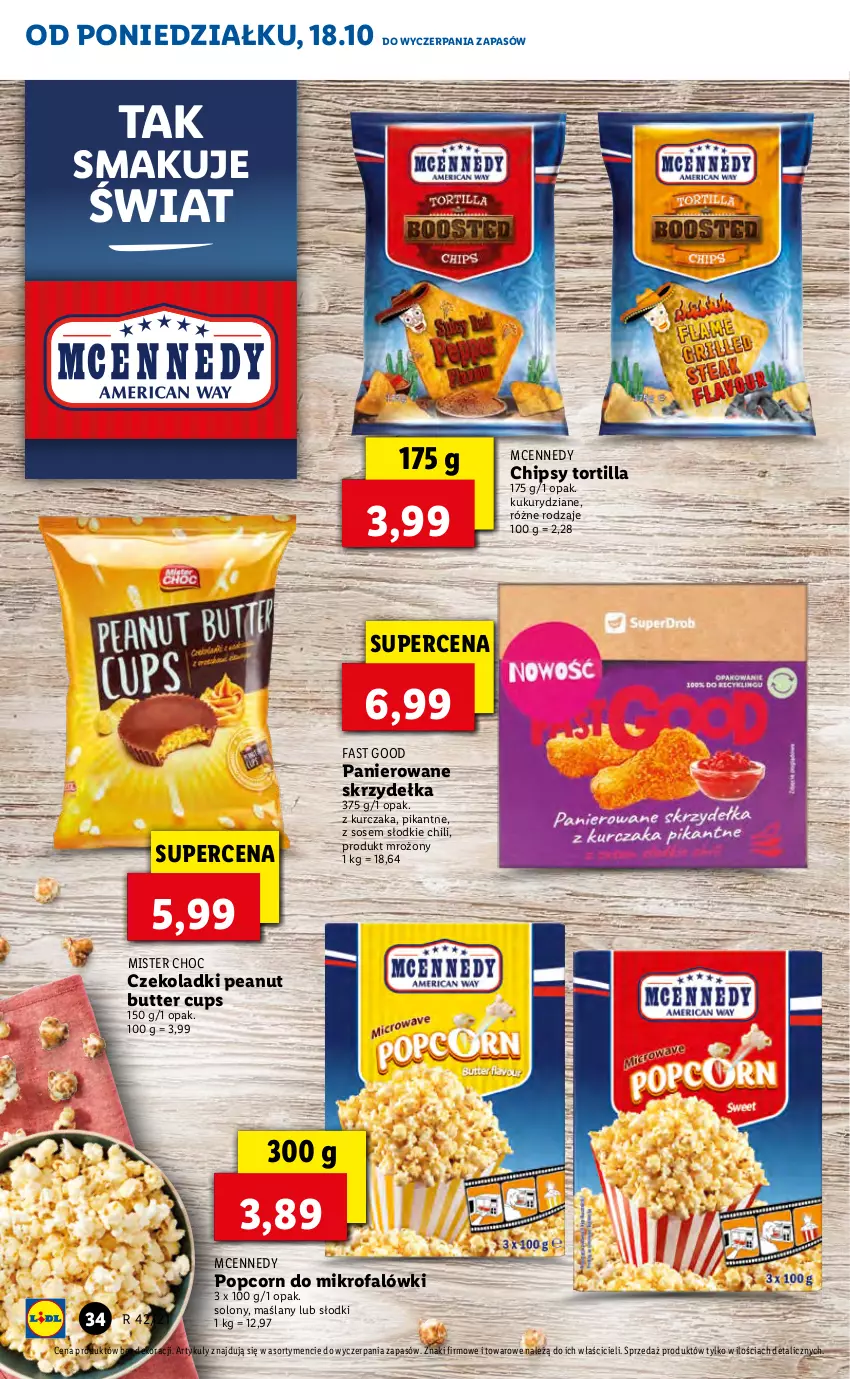 Gazetka promocyjna Lidl - ważna 18.10 do 21.10.2021 - strona 34 - produkty: Chipsy, Fa, Kurczak, Popcorn, Sos, Tortilla