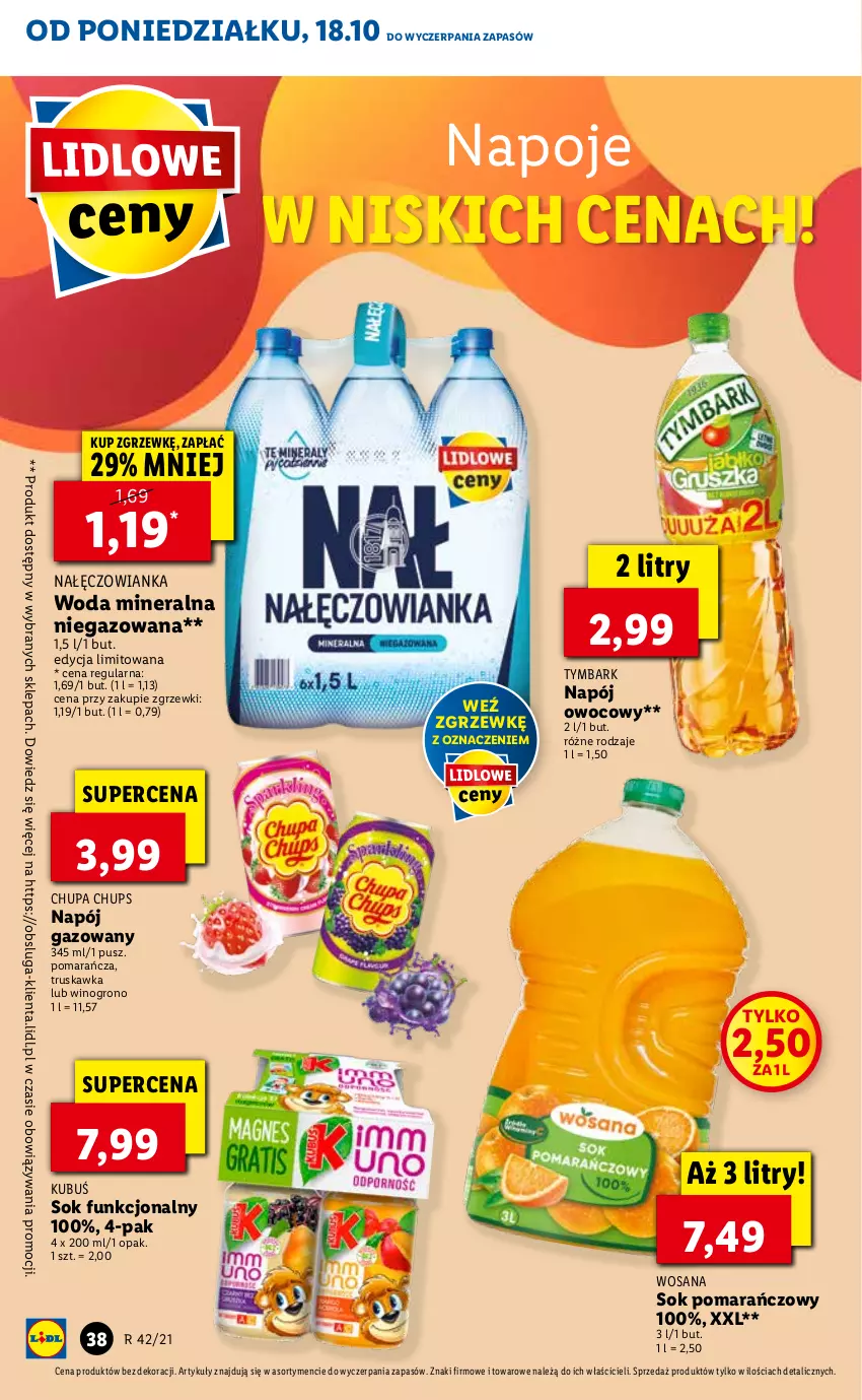 Gazetka promocyjna Lidl - ważna 18.10 do 21.10.2021 - strona 38 - produkty: Chupa Chups, Kubuś, Nałęczowianka, Napój, Napój gazowany, Napoje, Sok, Sok pomarańczowy, Tymbark, Wino, Woda, Woda mineralna, Wosana