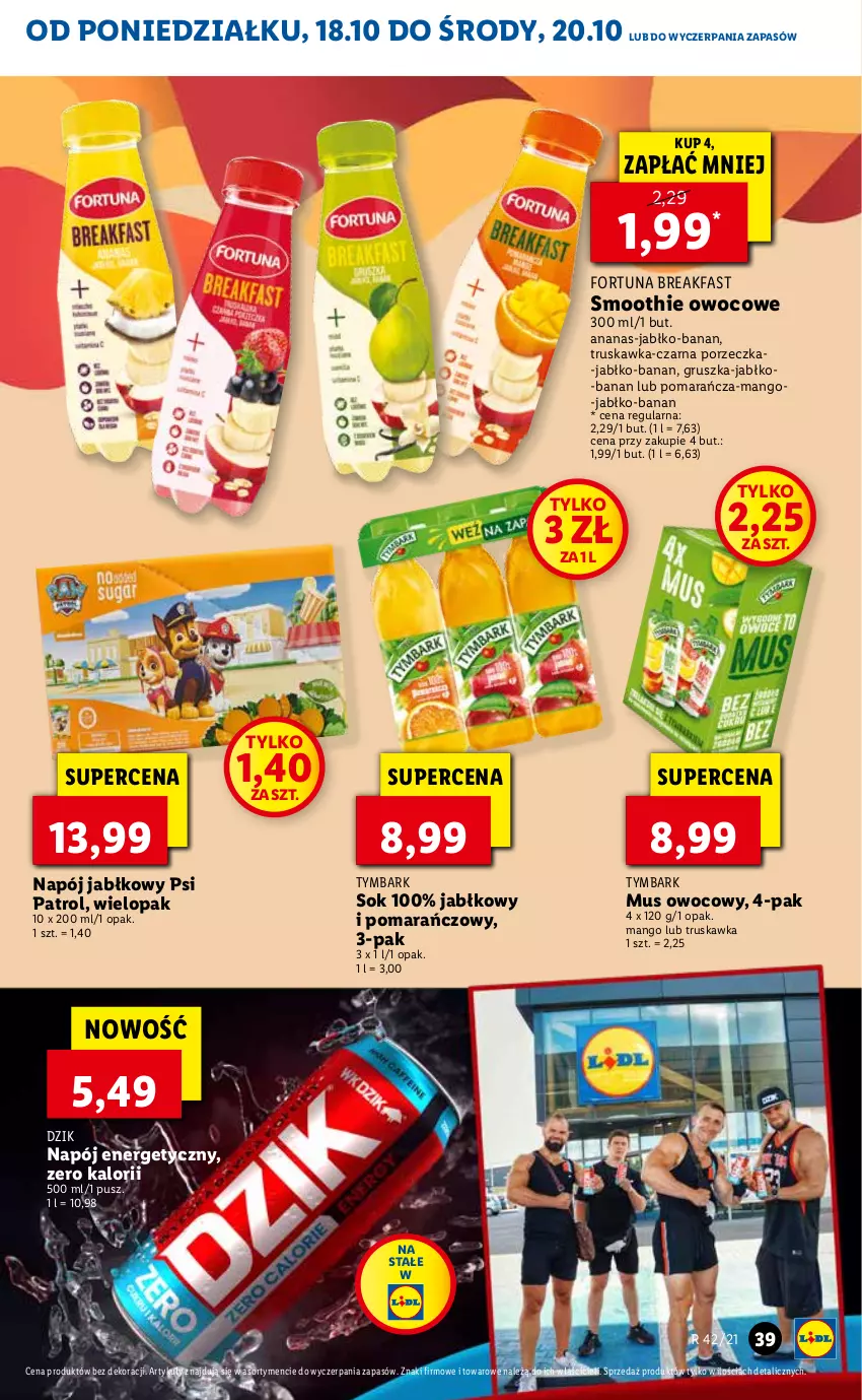 Gazetka promocyjna Lidl - ważna 18.10 do 21.10.2021 - strona 39 - produkty: Ananas, Fa, Fortuna, Mango, Mus, Napój, Napój energetyczny, Por, Psi Patrol, Smoothie, Sok, Tymbark