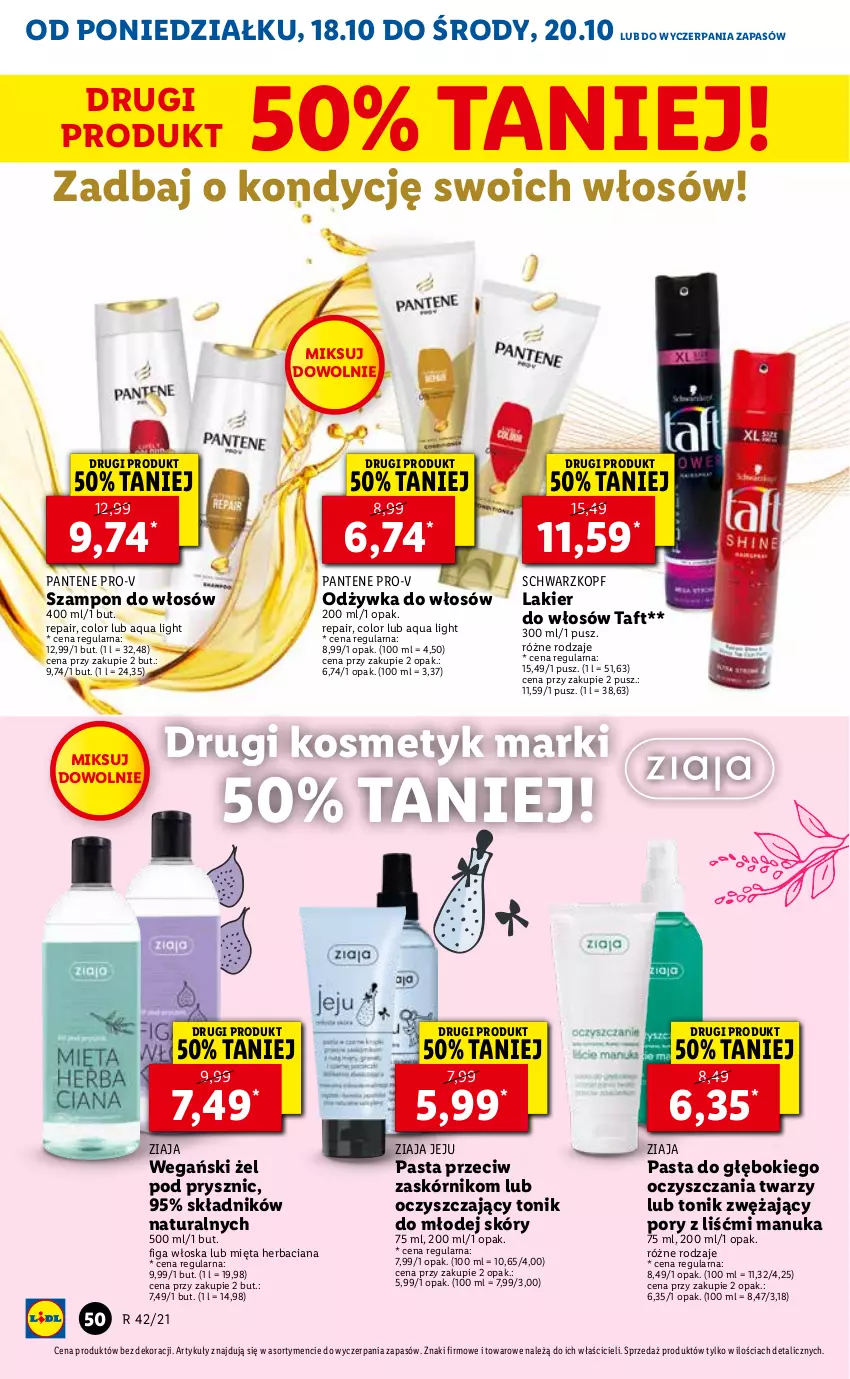 Gazetka promocyjna Lidl - ważna 18.10 do 21.10.2021 - strona 50 - produkty: Lakier, Lakier do włosów, Mięta, Odżywka, Pantene, Por, Schwarzkopf, Szampon, Taft, Tonik, Ziaja