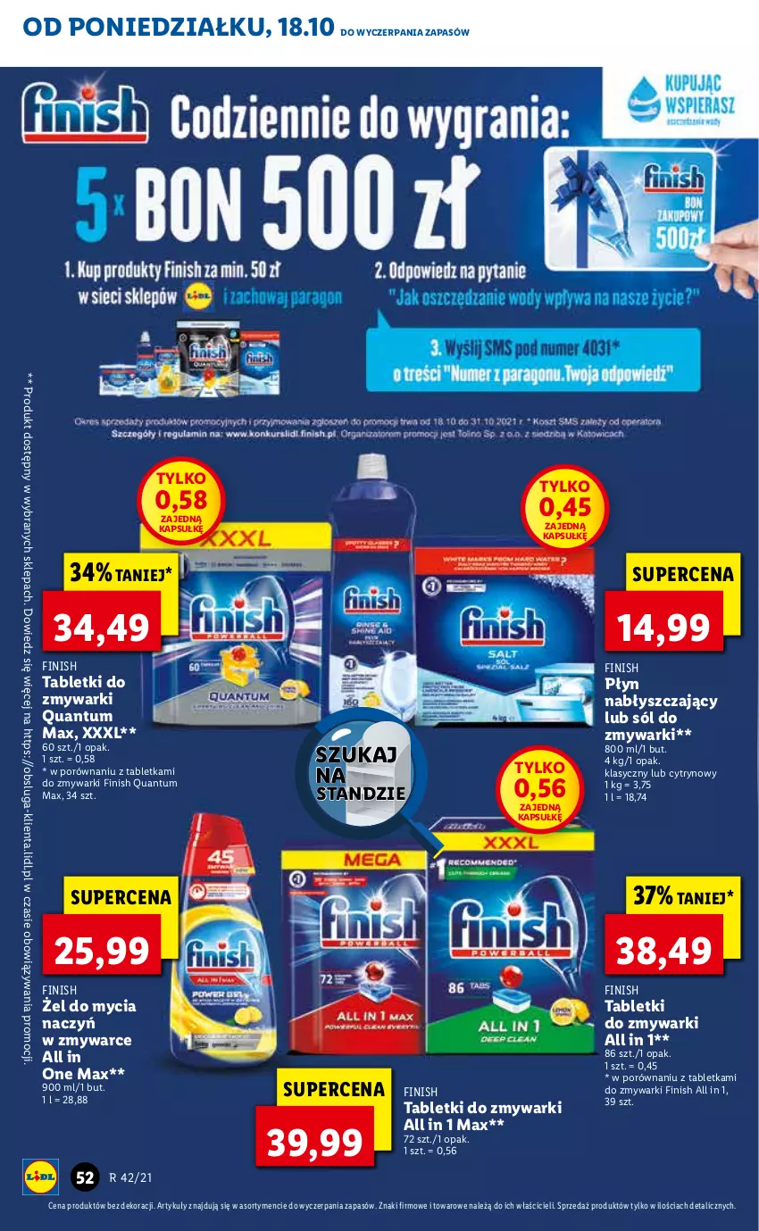 Gazetka promocyjna Lidl - ważna 18.10 do 21.10.2021 - strona 52 - produkty: Do mycia naczyń, Finish, Płyn nabłyszczający, Por, Sól, Tablet, Tabletki do zmywarki, Zmywarki