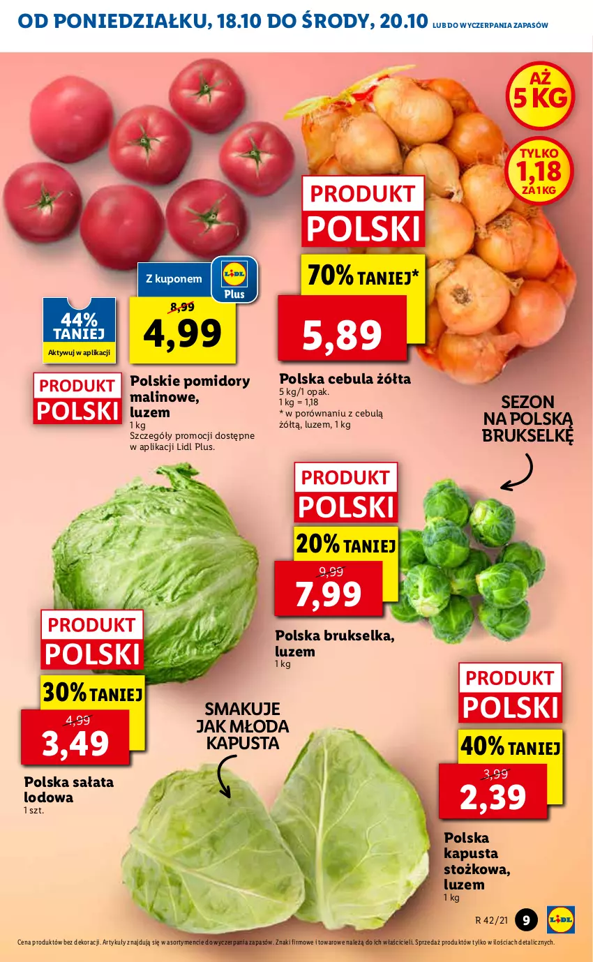 Gazetka promocyjna Lidl - ważna 18.10 do 21.10.2021 - strona 9 - produkty: Brukselka, Cebula, Pomidory, Por, Sałat