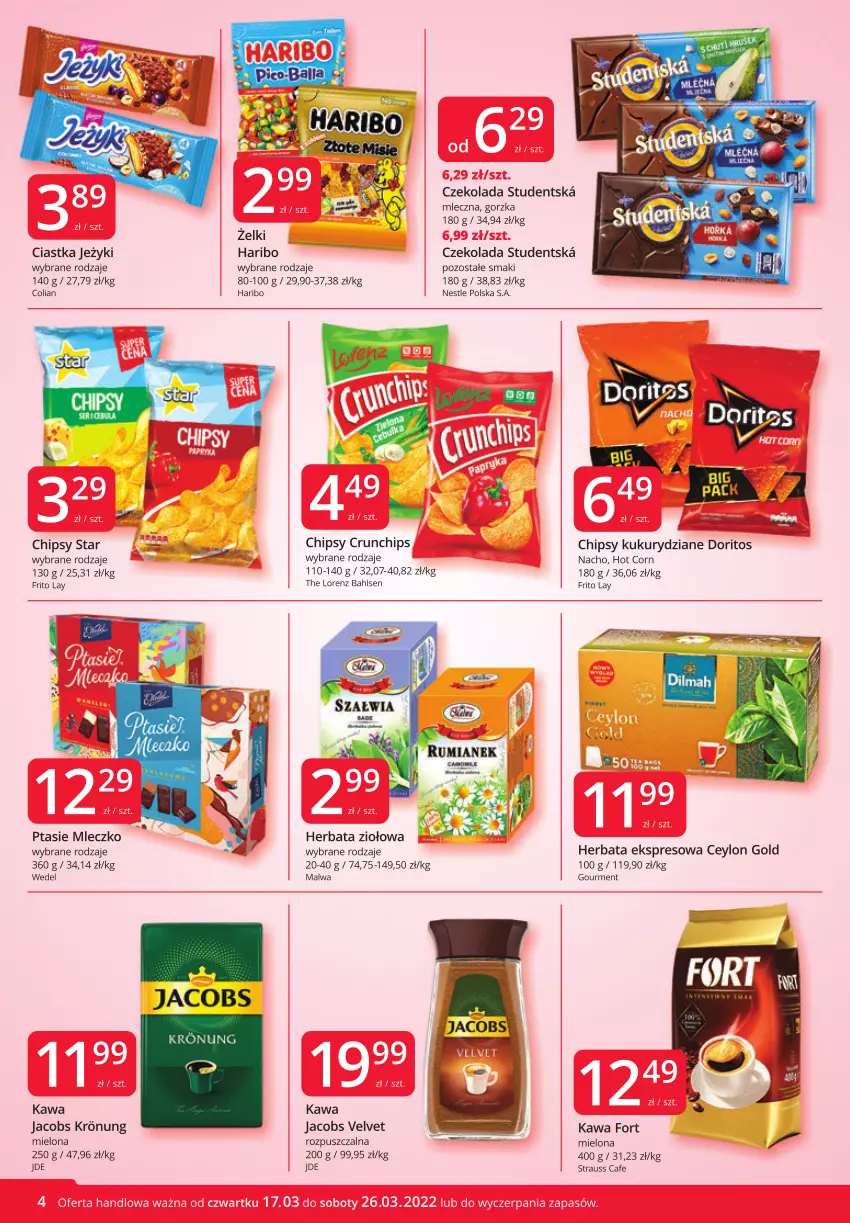 Gazetka promocyjna Market Vita - Gazetka promocyjna – Marketvita - ważna 17.03 do 26.03.2022 - strona 4 - produkty: Chipsy, Ciastka, Crunchips, Czekolada, Haribo, Herbata, Jacobs, Jacobs Velvet, Jeżyki, Kawa, Lorenz, Mleczko, Ptasie mleczko, Velvet