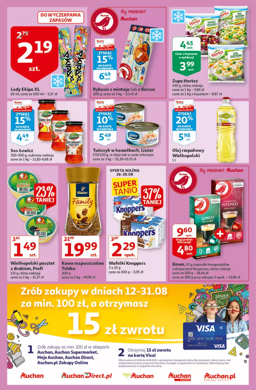 Gazetka promocyjna Auchan - Rysuje się przerwa na coś pysznego Moje Auchan - ważna 26.08 do 01.09.2021 - strona 3 - produkty: Dorsz, Hortex, Kawa, Kawa rozpuszczalna, Knoppers, Lisner, Lody, Mintaj, Olej, Olej rzepakowy, Pasztet, Sos, Tchibo, Tuńczyk, Zupa