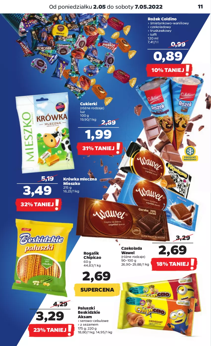 Gazetka promocyjna Netto - Gazetka spożywcza - ważna 02.05 do 07.05.2022 - strona 11 - produkty: Aksam, Beskidzki, Chipicao, Cukier, Cukierki, Czekolada, Rogal, Ser, Sezam, Wawel