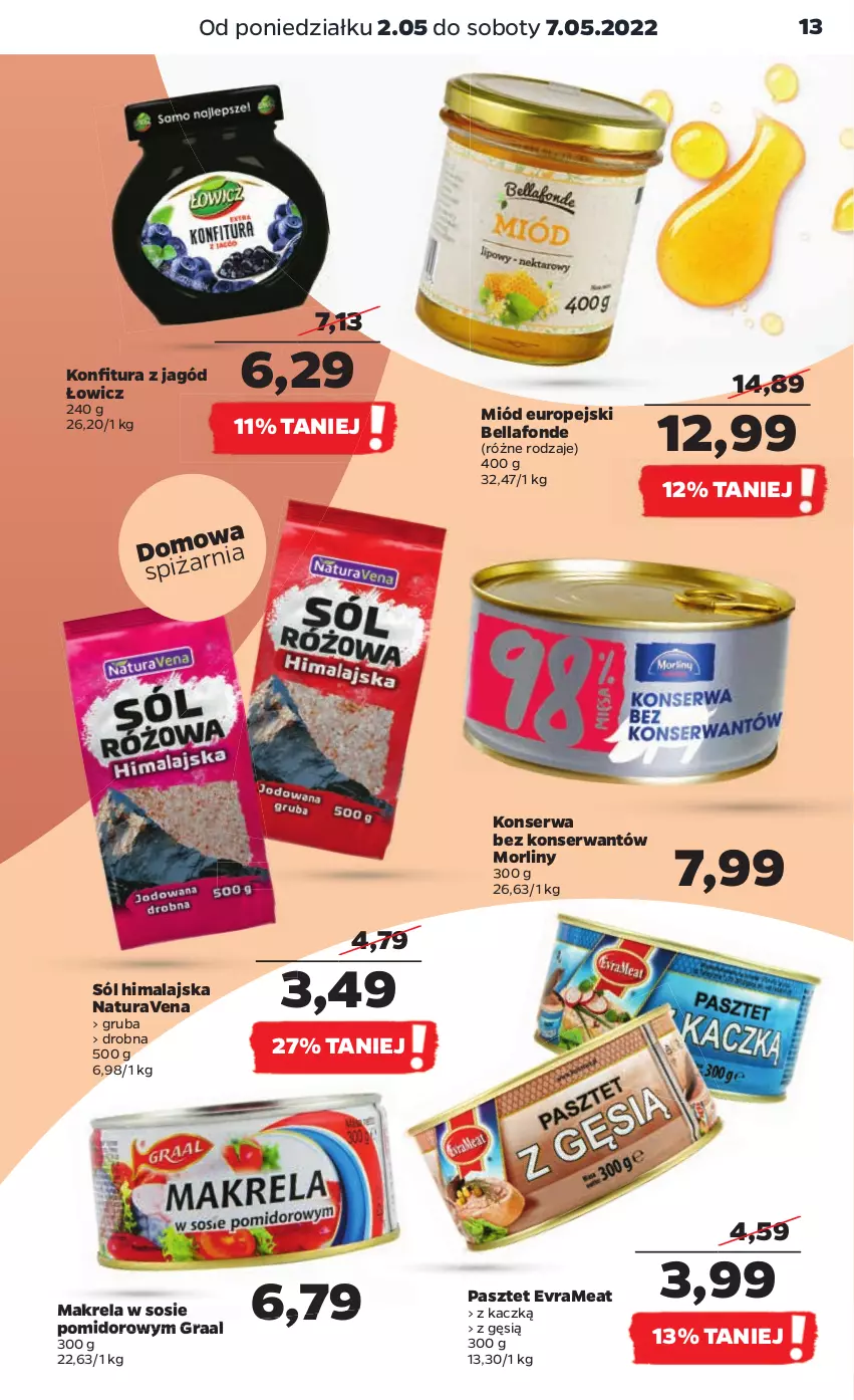 Gazetka promocyjna Netto - Gazetka spożywcza - ważna 02.05 do 07.05.2022 - strona 13 - produkty: Bell, Bella, Gra, Graal, Konfitura, Miód, Morliny, Pasztet, Ser, Sól, Sól himalajska, Sos