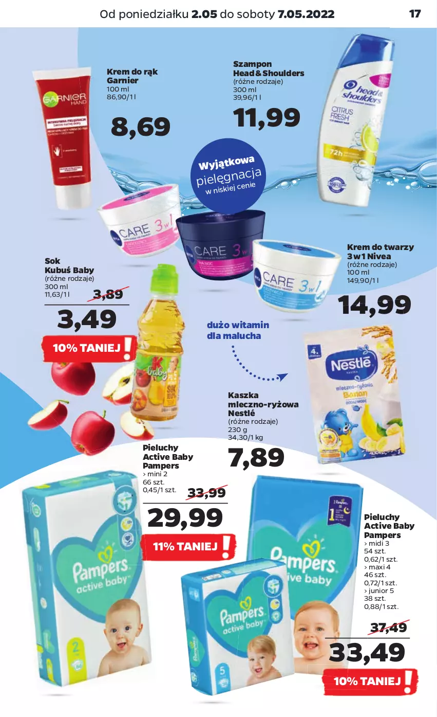 Gazetka promocyjna Netto - Gazetka spożywcza - ważna 02.05 do 07.05.2022 - strona 17 - produkty: Garnier, Krem do rąk, Krem do twarzy, Kubuś, Nestlé, Nivea, Pampers, Pieluchy, Ryż, Sok, Szampon