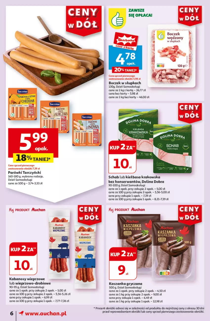 Gazetka promocyjna Auchan - Gazetka CENY W DÓŁ Moje Auchan - ważna 13.06 do 19.06.2024 - strona 6 - produkty: Boczek, Cheddar, Gry, Kabanos, Kasza, Kaszanka, Kiełbasa, Kiełbasa krakowska, Kurczak, Laur, Parówki, Ser, Tarczyński