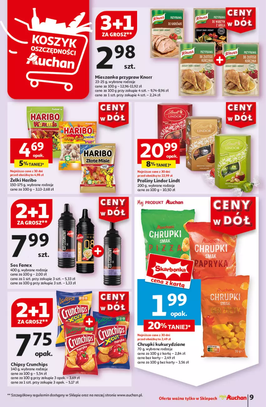 Gazetka promocyjna Auchan - Gazetka CENY W DÓŁ Moje Auchan - ważna 13.06 do 19.06.2024 - strona 9 - produkty: Chipsy, Chrupki, Crunchips, Fa, Haribo, Knorr, Lindor, Lindt, Praliny, Sos