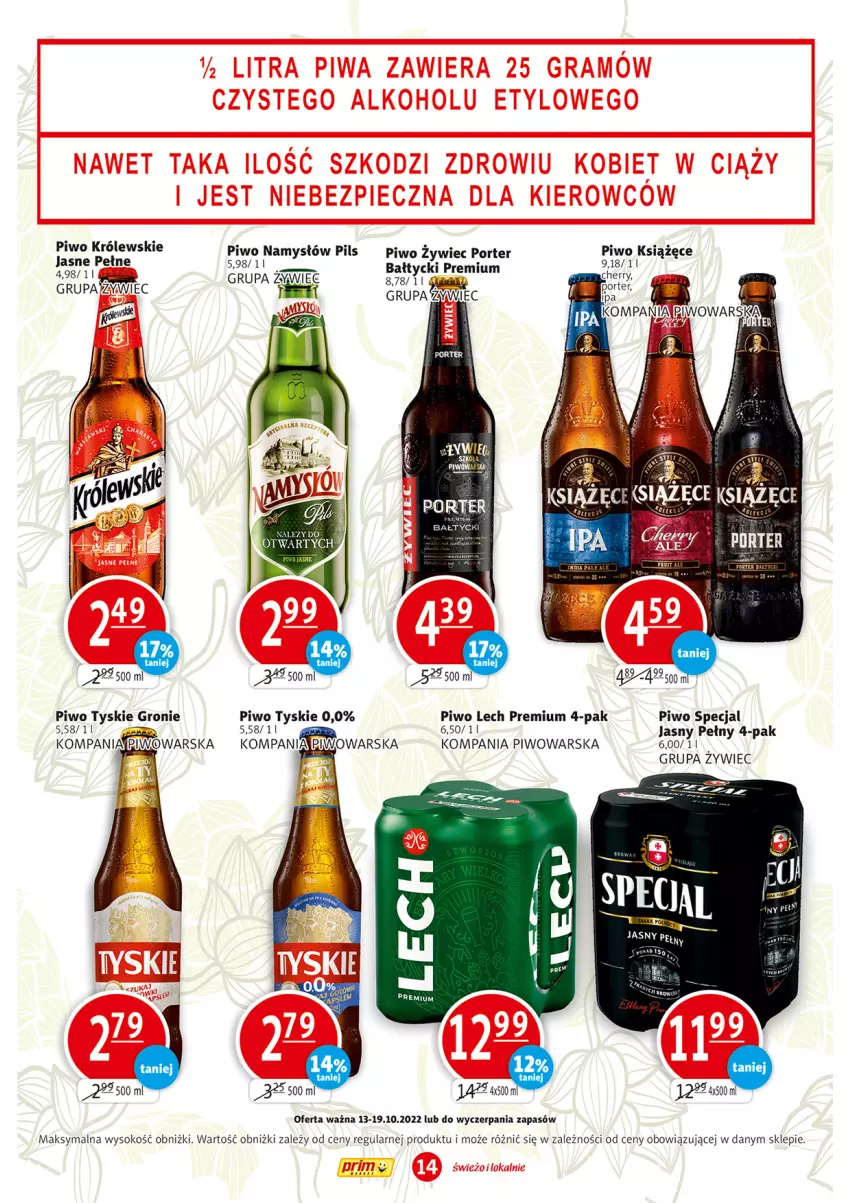 Gazetka promocyjna Prim Market - ważna 13.10 do 19.10.2022 - strona 14 - produkty: Królewski, Książęce, Lech Premium, LG, Namysłów, Piwo, Piwo jasne, Por, Sok, Tyskie