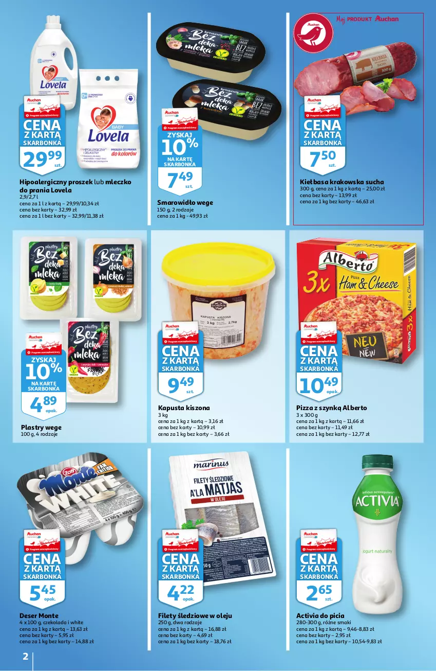 Gazetka promocyjna Auchan - Skarbonka #42 - ważna 21.10 do 03.11.2021 - strona 2 - produkty: Activia, Czekolada, Deser, Hipoalergiczny proszek, Kiełbasa, Kiełbasa krakowska, Lovela, Mleczko, Mleczko do prania, Monte, Olej, Pizza, Ser