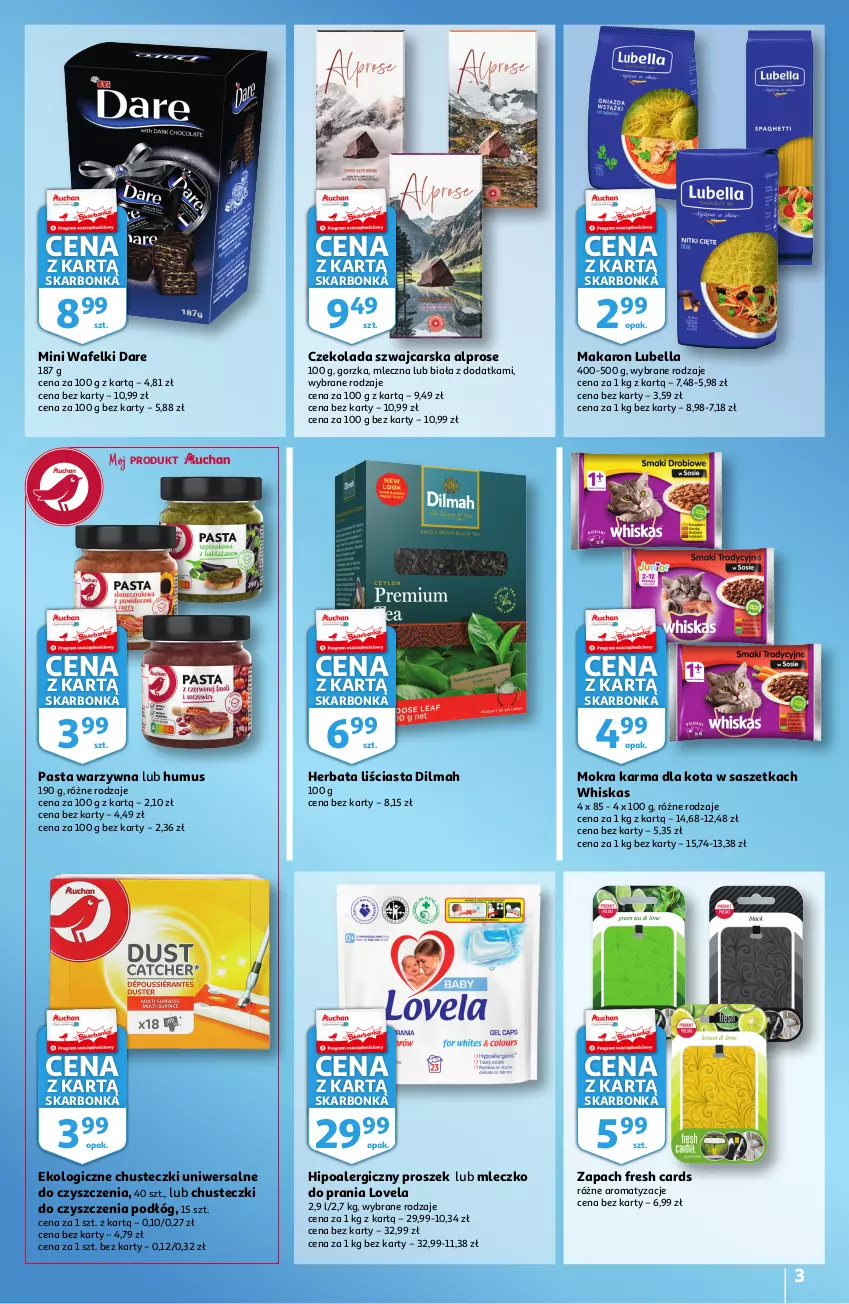 Gazetka promocyjna Auchan - Skarbonka #42 - ważna 21.10 do 03.11.2021 - strona 3 - produkty: Alpro, Bell, Bella, Cars, Chusteczki, Chusteczki do czyszczenia, Czekolada, Dilmah, Herbata, Hipoalergiczny proszek, Lovela, Lubella, Makaron, Mleczko, Mleczko do prania, Mokra karma, Mus, Pasta warzywna, Whiskas