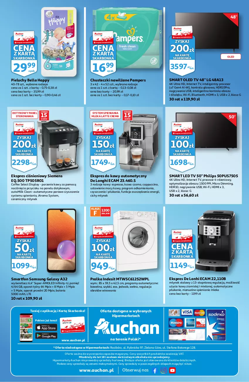 Gazetka promocyjna Auchan - Skarbonka #42 - ważna 21.10 do 03.11.2021 - strona 4 - produkty: Amol, Bateria, Bell, Bella, Cappuccino, Chusteczki, Fa, Gala, Gra, Gry, Indesit, Intel, Kawa, LED TV, LG, Młynek, Obraz, Pampers, Philips, Pieluchy, Pralka, Procesor, Samsung, Ser, Siemens, Smartfon, Tera, Top, Wełna