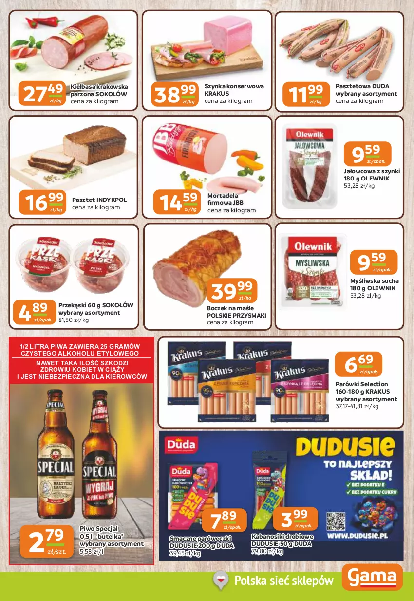 Gazetka promocyjna Gama - Gazetka Gama - ważna 10.09 do 22.09.2026 - strona 3 - produkty: Boczek, Duda, Gra, Kabanos, Kiełbasa, Kiełbasa krakowska, Krakus, Olewnik, Parówki, Pasztet, Piec, Piwa, Piwo, Przysmaki, Ser, Sok, Sokołów, Szynka, Szynka konserwowa