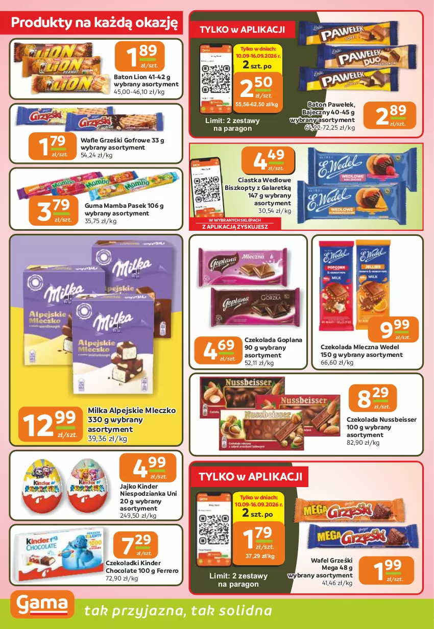 Gazetka promocyjna Gama - Gazetka Gama - ważna 10.09 do 22.09.2026 - strona 4 - produkty: Baton, Biszkopty, Ciastka, Czekolada, Czekolada mleczna, Ferrero, Gala, Goplana, Grześki, Kinder, LANA, Lion, Mamba, Milka, Mleczko, Pasek, Ser