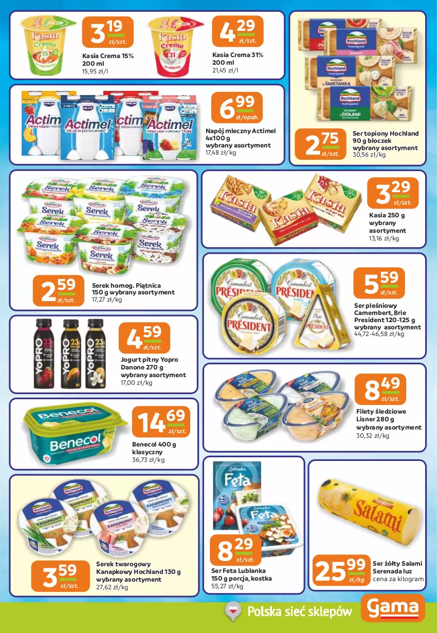 Gazetka promocyjna Gama - Gazetka Gama - ważna 10.09 do 22.09.2026 - strona 7 - produkty: Actimel, Benecol, Brie, Camembert, Danone, Feta, Gra, Hochland, Jogurt, Jogurt pitny, Kasia, Lisner, Napój, Napój mleczny, Piątnica, Por, Salami, Ser, Ser pleśniowy, Ser topiony, Serek, Serek twarogowy, Top