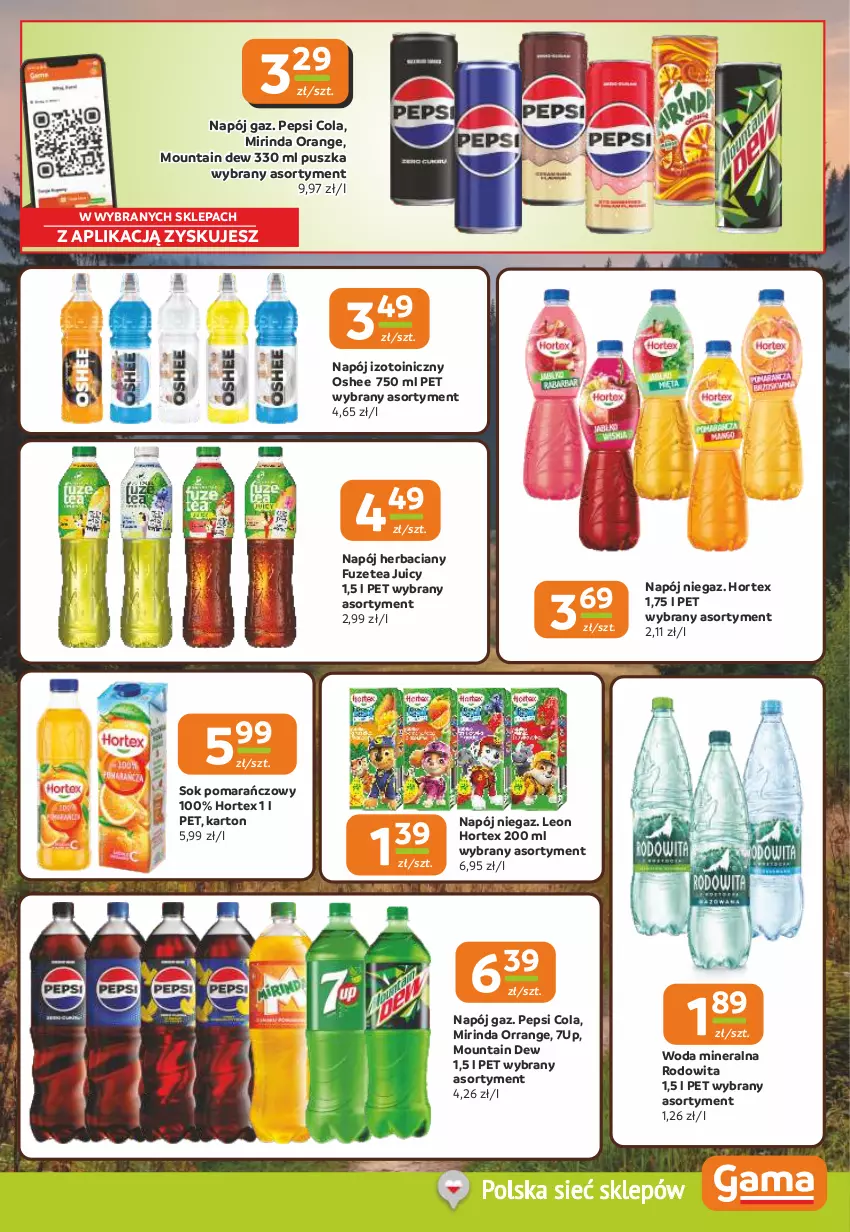 Gazetka promocyjna Gama - Gazetka Gama - ważna 18.06 do 30.06.2026 - strona 13 - produkty: 7up, Hortex, Leon, Mirinda, Napój, Oshee, Pepsi, Sok, Sok pomarańczowy, Woda, Woda mineralna
