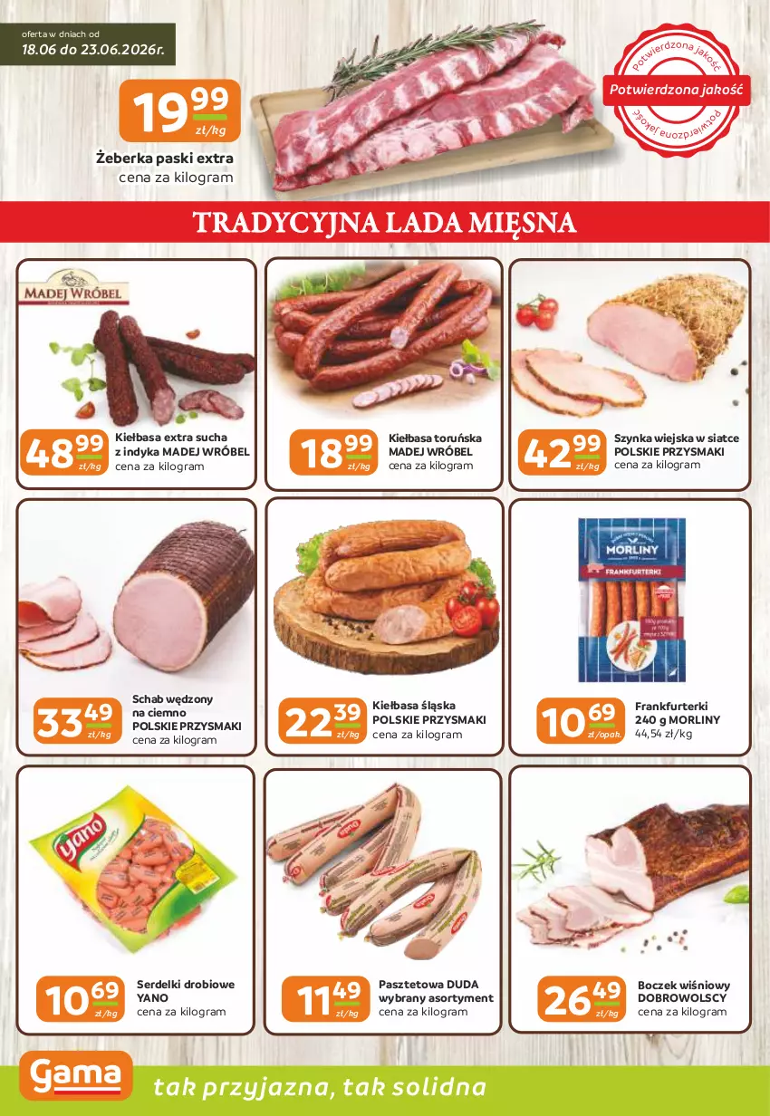 Gazetka promocyjna Gama - Gazetka Gama - ważna 18.06 do 30.06.2026 - strona 2 - produkty: Boczek, Duda, Frankfurterki, Gra, Kiełbasa, Kiełbasa śląska, Madej Wróbel, Morliny, Pasztet, Przysmaki, Ser, Serdelki, Szynka