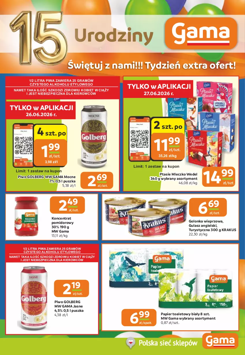 Gazetka promocyjna Gama - Gazetka Gama - ważna 18.06 do 30.06.2026 - strona 9 - produkty: Golonka wieprzowa, Gra, Koncentrat pomidorowy, Krakus, Mleczko, Papier, Papier toaletowy, Piec, Piwa, Piwo, Ptasie mleczko