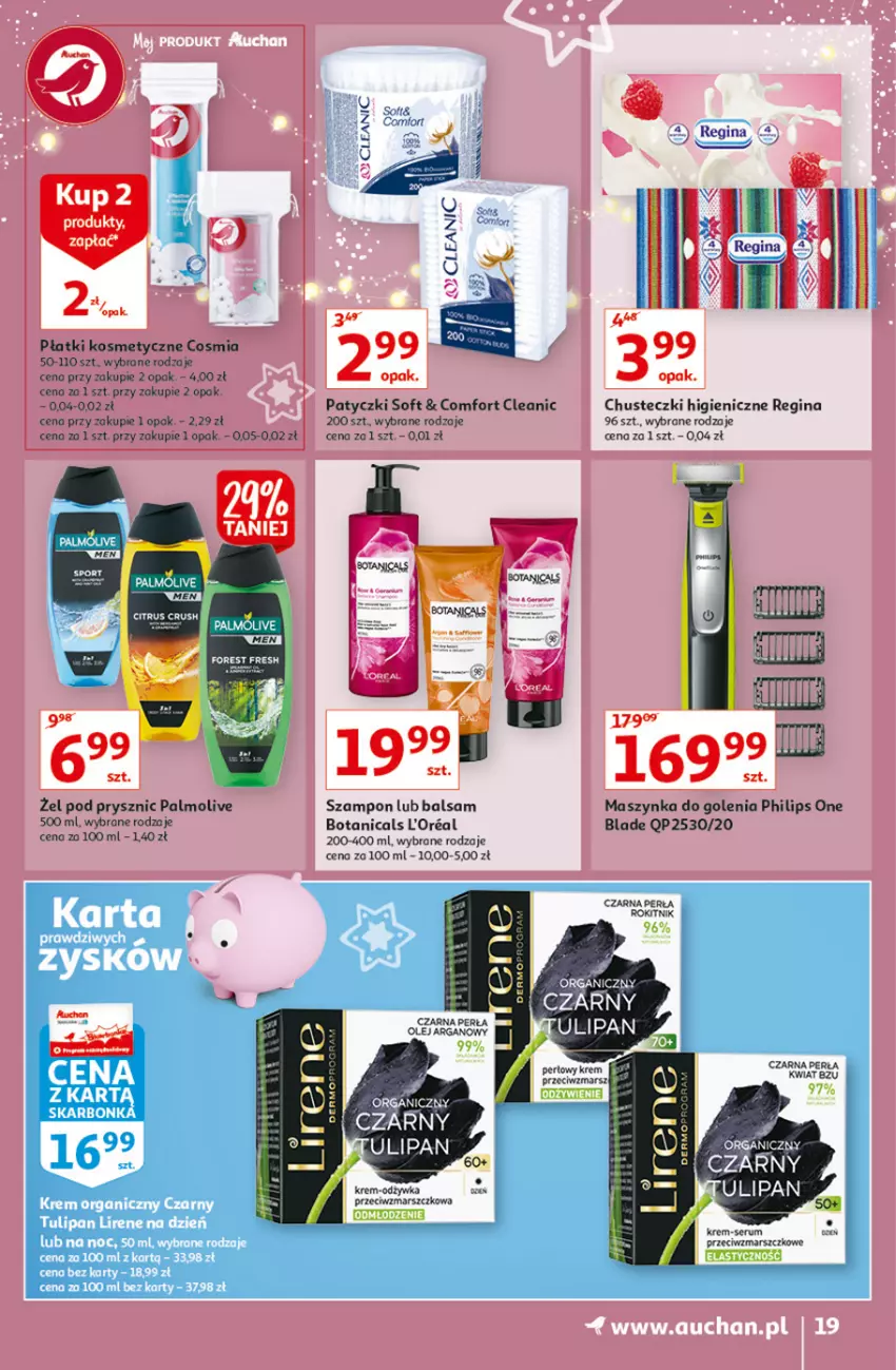 Gazetka promocyjna Auchan - Magia cenowa Hipermarkety - ważna 18.11 do 24.11.2021 - strona 19 - produkty: Chusteczki, Cleanic, Gin, Lirene, Mars, Maszynka, Maszynka do golenia, Olej, Olej arganowy, Palmolive, Perła, Philips, Płatki kosmetyczne, Rum, Ser, Serum, Szampon, Szynka, Tulipan