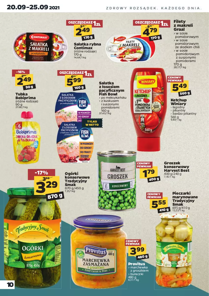 Gazetka promocyjna Netto - Gazetka spożywcza - ważna 20.09 do 25.09.2021 - strona 10 - produkty: Bebiprima, Buraczki, Gra, Graal, Groszek, Ketchup, Kuskus, Marchewka, Ogórki konserwowe, Piec, Prima, Sałat, Sałatka, Ser, Sos, Winiary