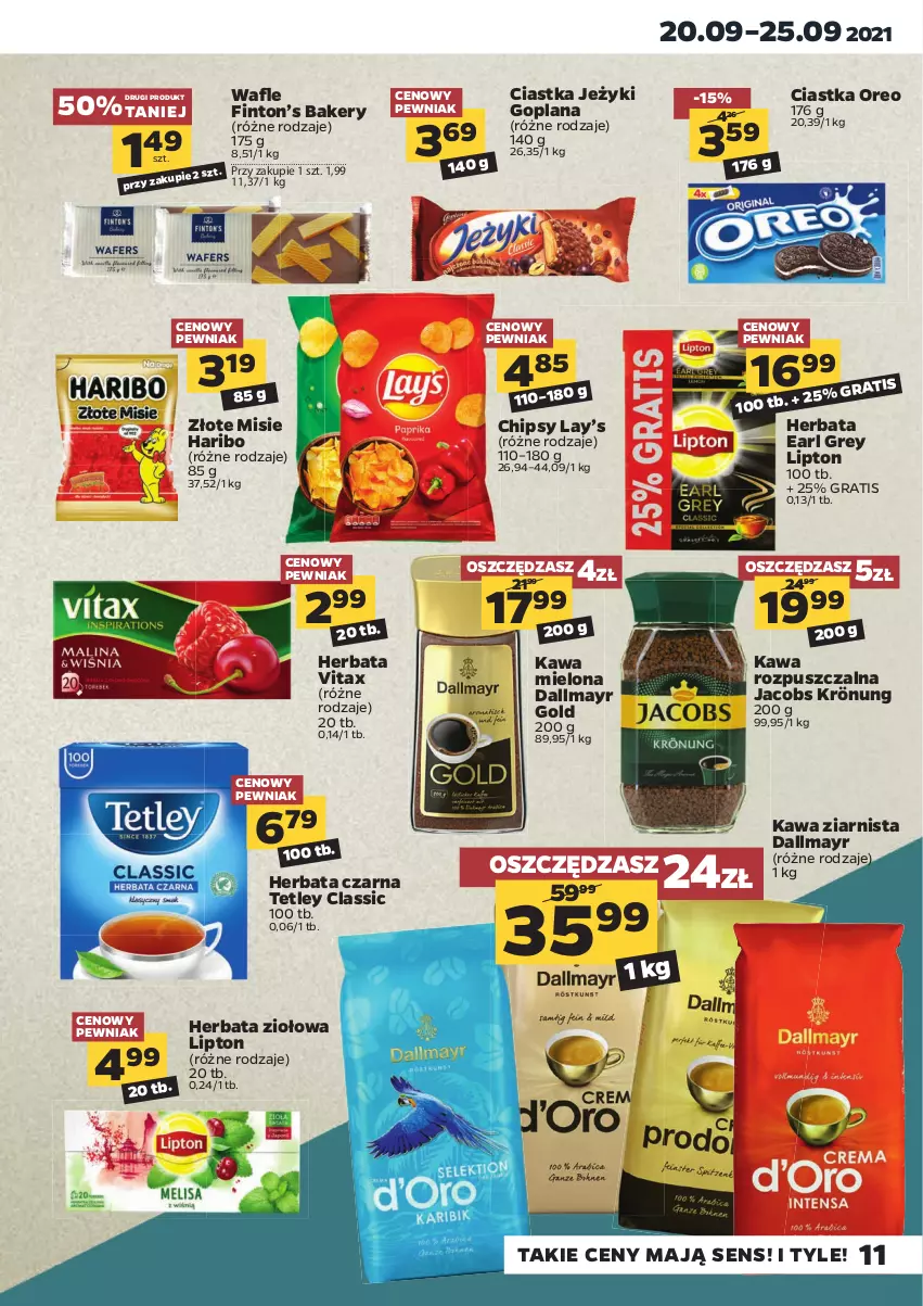 Gazetka promocyjna Netto - Gazetka spożywcza - ważna 20.09 do 25.09.2021 - strona 11 - produkty: Chipsy, Ciastka, Dallmayr, Earl Grey, Goplana, Gra, Haribo, Herbata, Herbata czarna, Jacobs, Jacobs Krönung, Jeżyki, Kawa, Kawa mielona, Kawa rozpuszczalna, Kawa ziarnista, LANA, Lay’s, Lipton, Oreo, Tetley, Vitax, Wafle