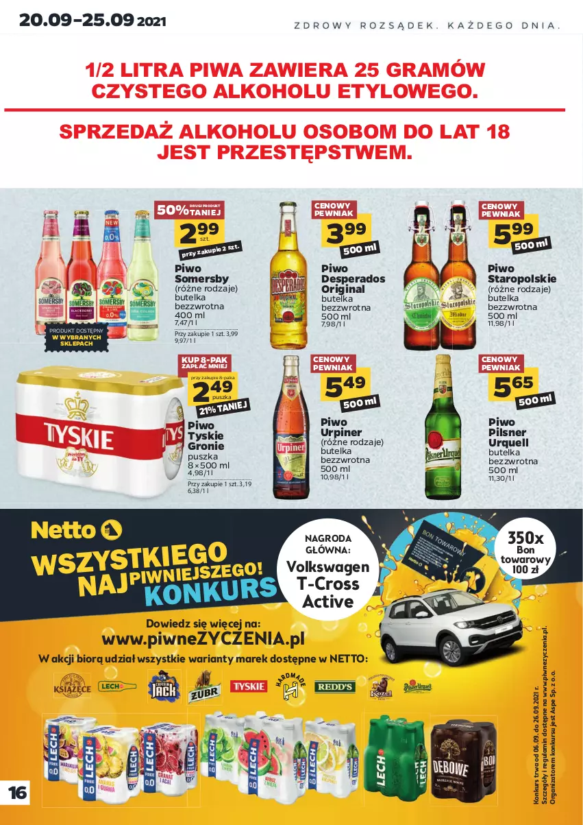 Gazetka promocyjna Netto - Gazetka spożywcza - ważna 20.09 do 25.09.2021 - strona 16 - produkty: Desperados, Gin, Gra, Pilsner Urquell, Piwa, Piwo, Somersby, Tyskie