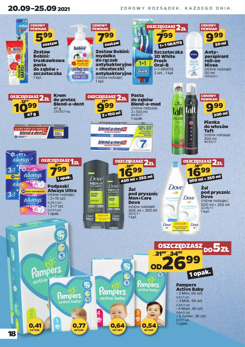 Gazetka promocyjna Netto - Gazetka spożywcza - ważna 20.09 do 25.09.2021 - strona 18 - produkty: Always, Always Ultra, Antyperspirant, Blend-a-Med, Chusteczki, Dove, Gra, Nivea, Pampers, Pasta do zębów, Pianka do włosów, Podpaski, Szczoteczka, Taft