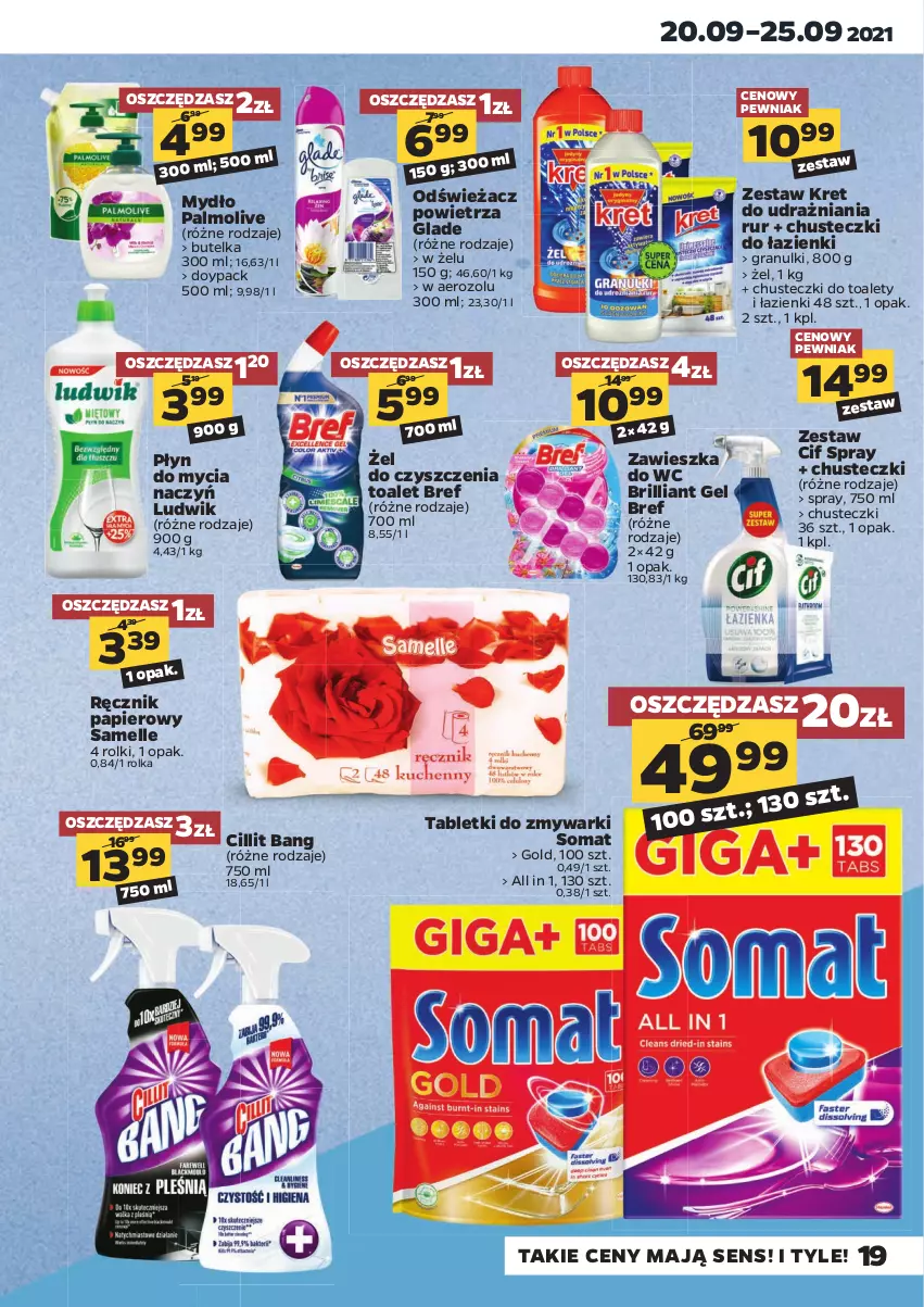 Gazetka promocyjna Netto - Gazetka spożywcza - ważna 20.09 do 25.09.2021 - strona 19 - produkty: Bref, Chusteczki, Cif, Cillit Bang, Do mycia naczyń, Gra, Kret, Ludwik, Mydło, Odświeżacz powietrza, Palmolive, Papier, Płyn do mycia, Płyn do mycia naczyń, Ręcznik, Rolki, Somat, Tablet, Tabletki do zmywarki, Zawieszka do wc, Zmywarki