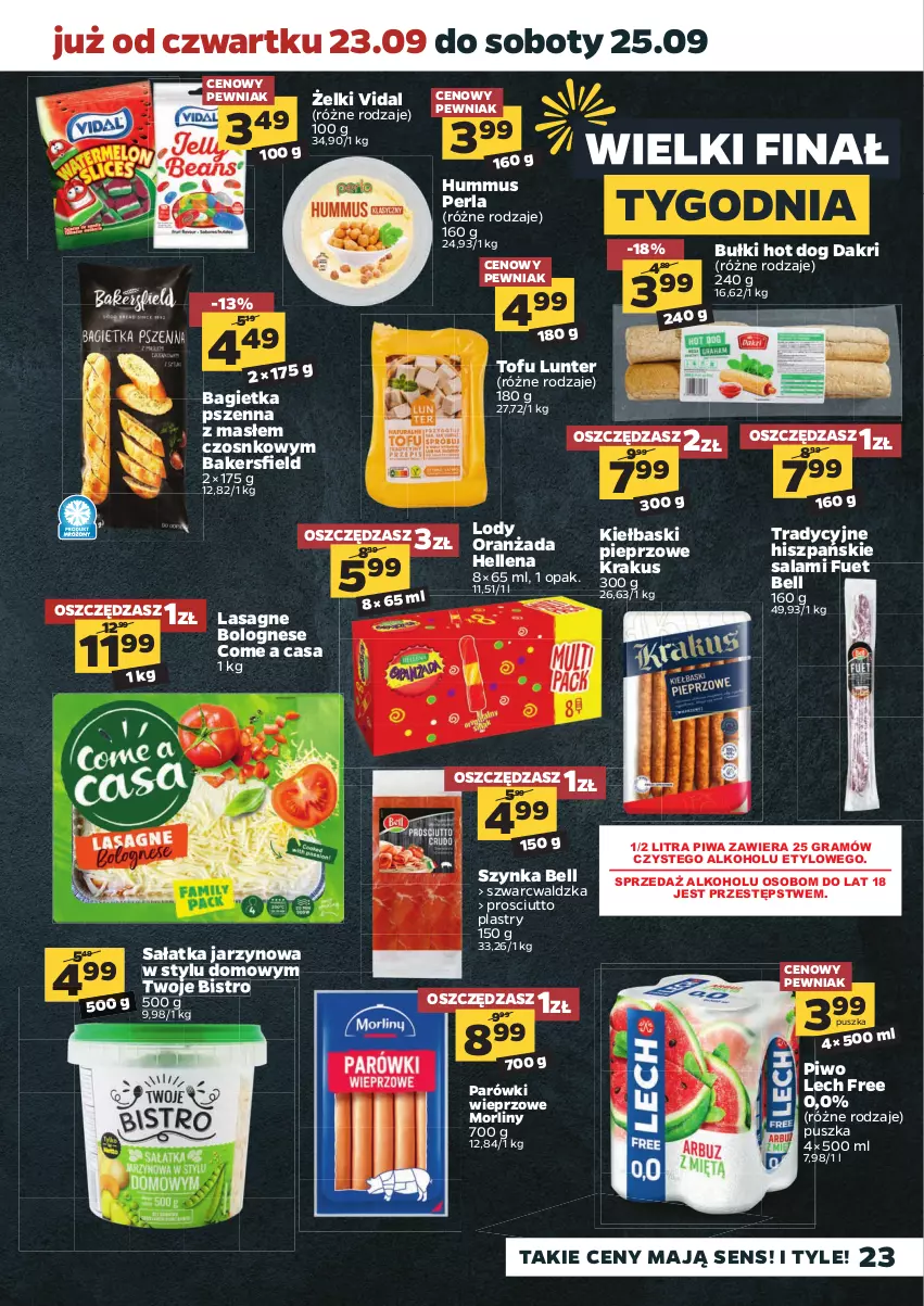 Gazetka promocyjna Netto - Gazetka spożywcza - ważna 20.09 do 25.09.2021 - strona 23 - produkty: Bagietka, Bagietka pszenna, Bell, Gra, Hellena, Hot dog, Hummus, Kiełbaski pieprzowe, Krakus, Lasagne, Lasagne bolognese, Lody, Morliny, Mus, Oranżada, Parówki, Pieprz, Piwa, Piwo, Prosciutto, Salami, Sałat, Sałatka, Szynka, Tofu