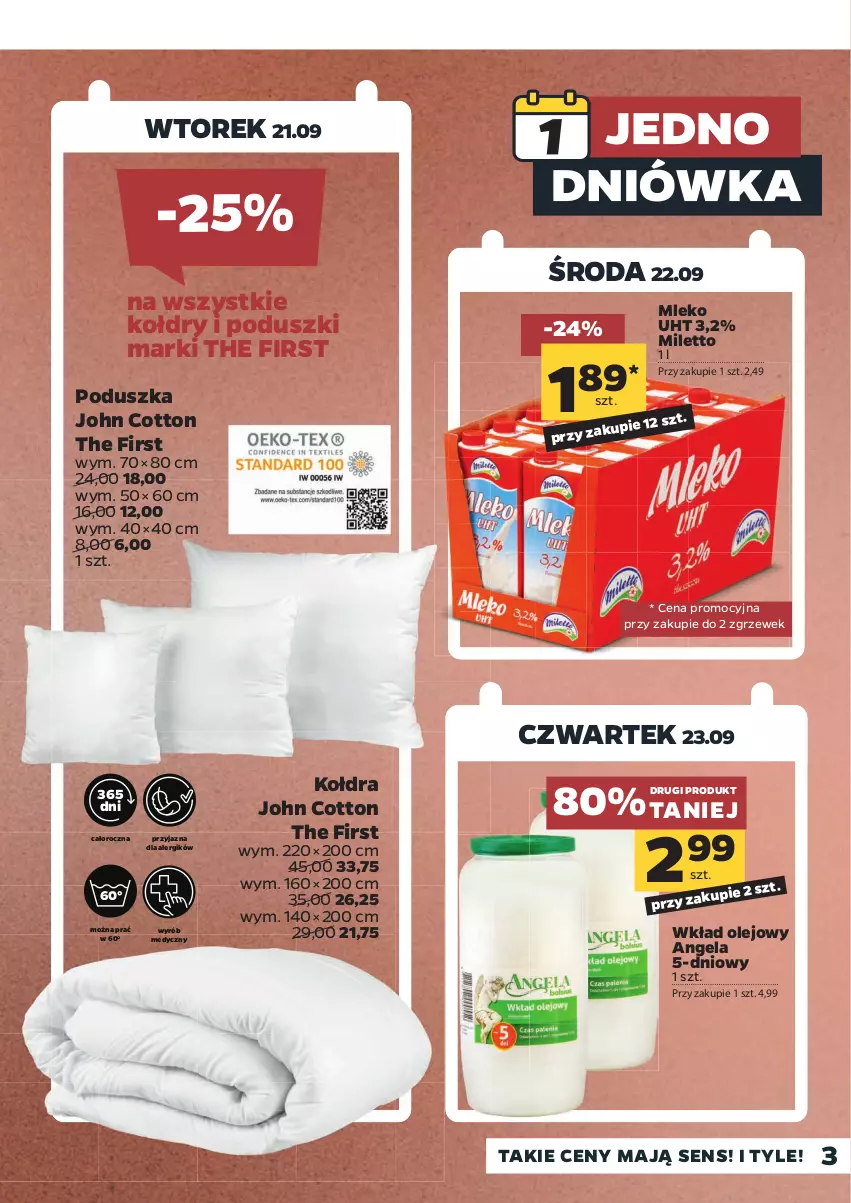 Gazetka promocyjna Netto - Gazetka spożywcza - ważna 20.09 do 25.09.2021 - strona 3 - produkty: Kołdra, Mleko, Olej, Poduszka, Wkład olejowy