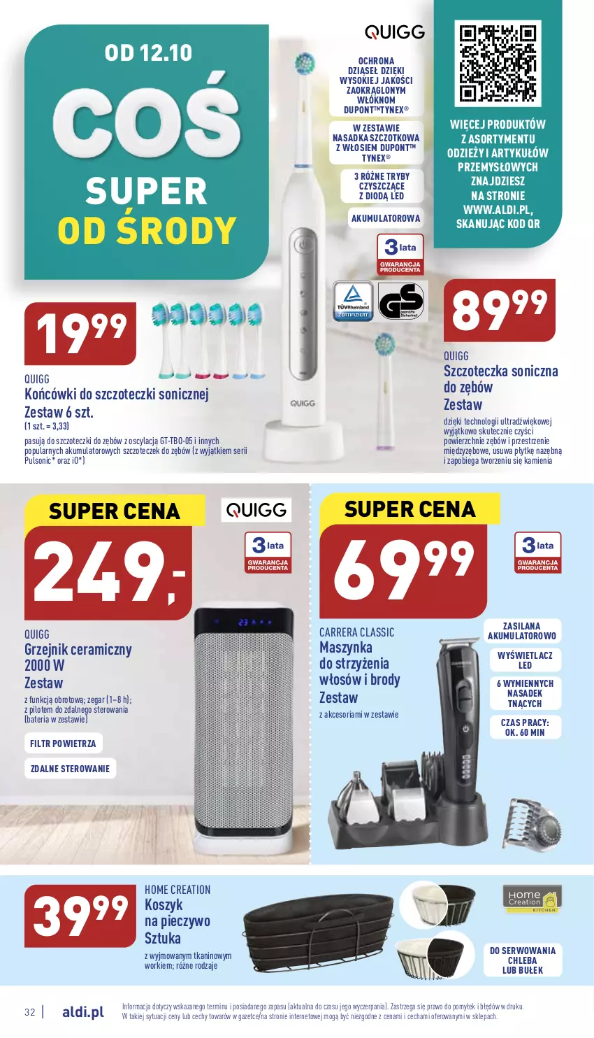 Gazetka promocyjna Aldi - Pełny katalog - ważna 10.10 do 15.10.2022 - strona 32 - produkty: Akumulator, Bateria, Carrera, Chleb, Grzejnik, Końcówki do szczoteczk, Kosz, LANA, Maszynka, Piec, Pieczywo, Ser, Silan, Sok, Szczoteczka, Szczoteczka soniczna, Szynka, Zegar