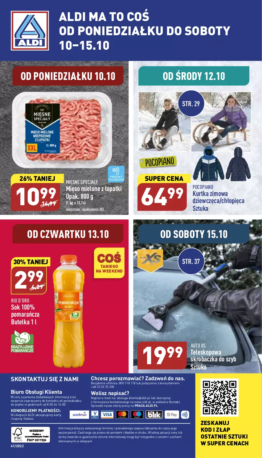 Gazetka promocyjna Aldi - Pełny katalog - ważna 10.10 do 15.10.2022 - strona 40 - produkty: Biuro, Kurtka, Mięsne specjały, Mięso, Mięso mielone, O nas, Pocopiano, Por, Skrobaczka, Skrobaczka do szyb, Sok, Teleskop