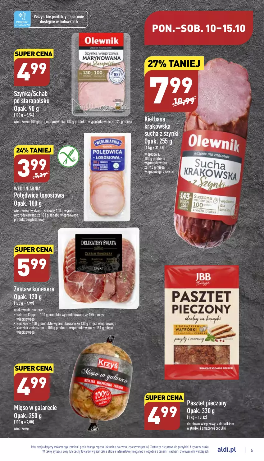 Gazetka promocyjna Aldi - Pełny katalog - ważna 10.10 do 15.10.2022 - strona 5 - produkty: Gala, Kiełbasa, Kiełbasa krakowska, Kindziuk, Lodówka, Mięso, Mięso w galarecie, Pasztet, Piec, Pieprz, Polędwica, Ser, Sos, Szynka