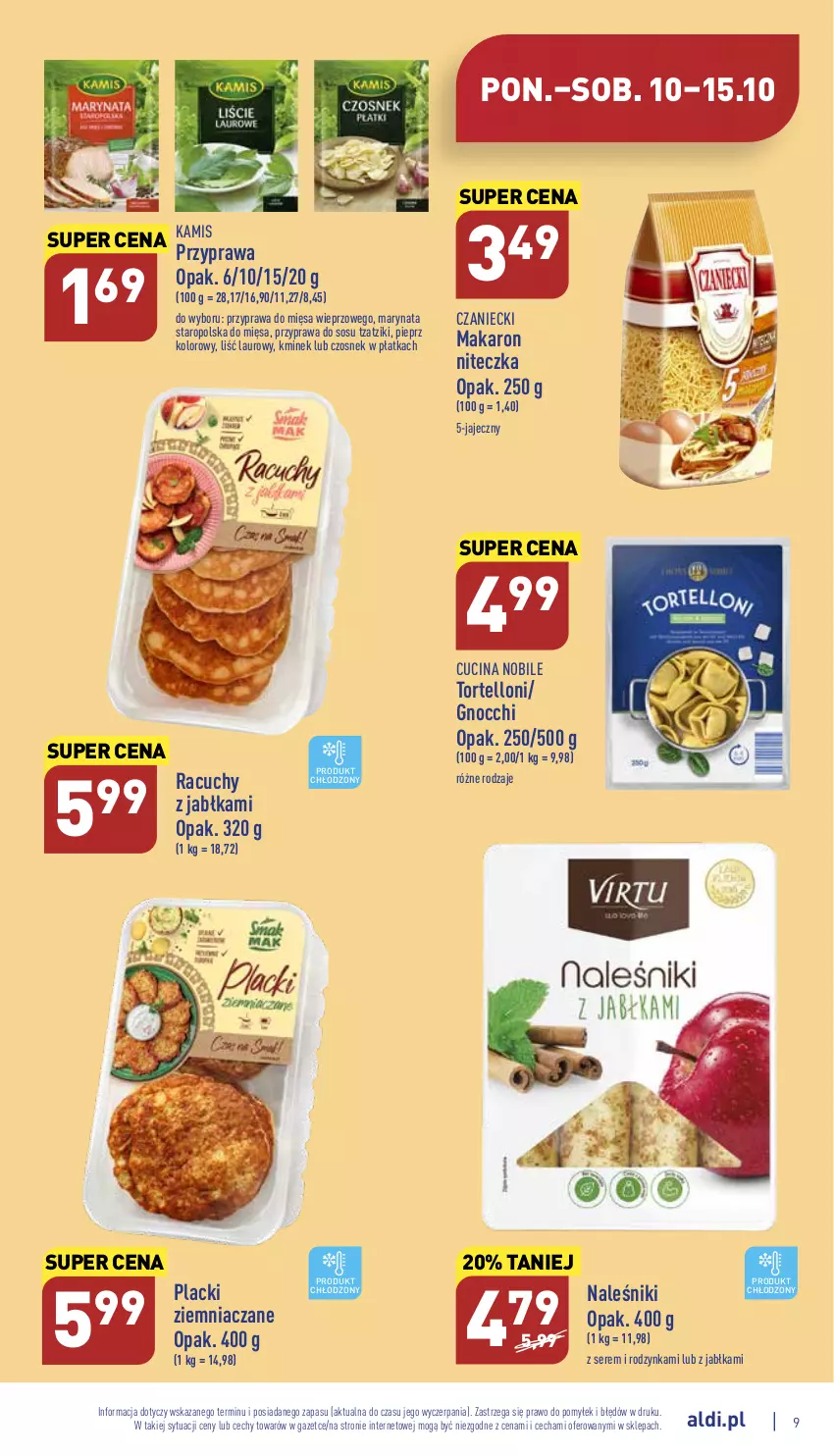 Gazetka promocyjna Aldi - Pełny katalog - ważna 10.10 do 15.10.2022 - strona 9 - produkty: Czosnek, Gnocchi, Jabłka, Kamis, Kminek, Lack, Laur, Makaron, Naleśniki, Pieprz, Ser, Sos, Tortelloni