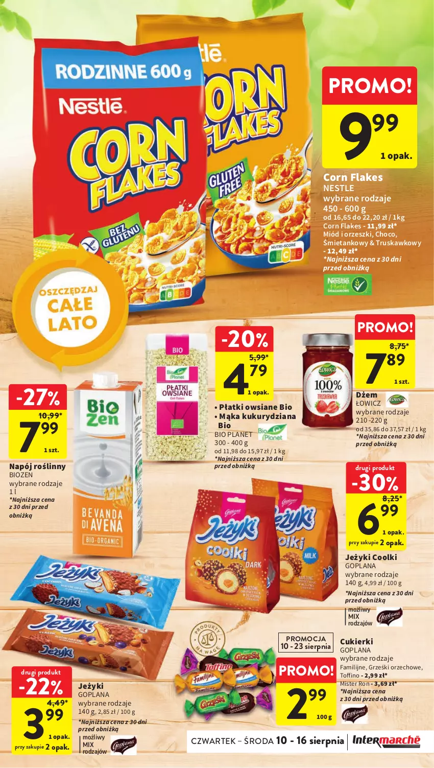 Gazetka promocyjna Intermarche - Gazetka Intermarche - ważna 10.08 do 16.08.2023 - strona 31 - produkty: Corn flakes, Cukier, Cukierki, Dżem, Fa, Goplana, Grześki, Jeżyki, LANA, Mąka, Miód, Napój, Napój roślinny, Orzeszki, Płatki owsiane, Toffino