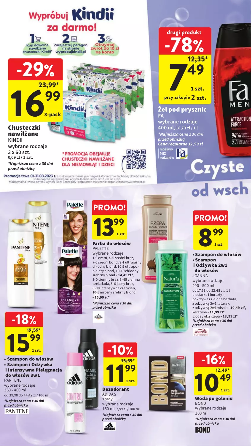 Gazetka promocyjna Intermarche - Gazetka Intermarche - ważna 10.08 do 16.08.2023 - strona 32 - produkty: Adidas, Bursztyn, Chusteczki, Czekolada, Dezodorant, Fa, Farba do włosów, Herbata, Joanna, Kindii, Odżywka, Palette, Pantene, Szampon, Woda, Woda po goleniu