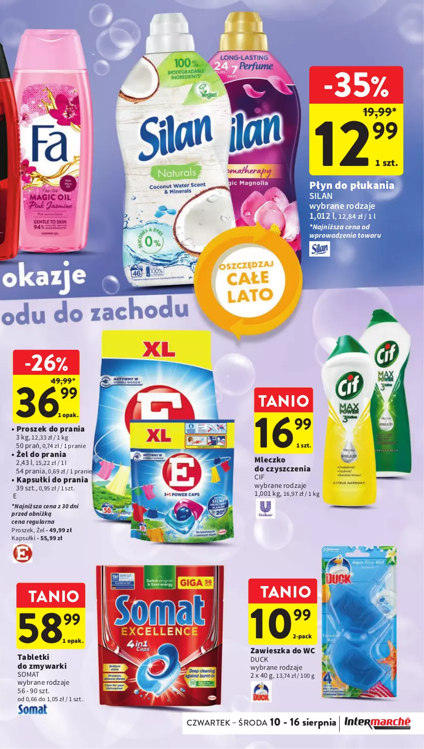 Gazetka promocyjna Intermarche - Gazetka Intermarche - ważna 10.08 do 16.08.2023 - strona 33 - produkty: Cif, Duck, Kapsułki do prania, Mleczko, Płyn do płukania, Proszek do prania, Silan, Somat, Tablet, Tabletki do zmywarki, Zawieszka do wc, Zmywarki