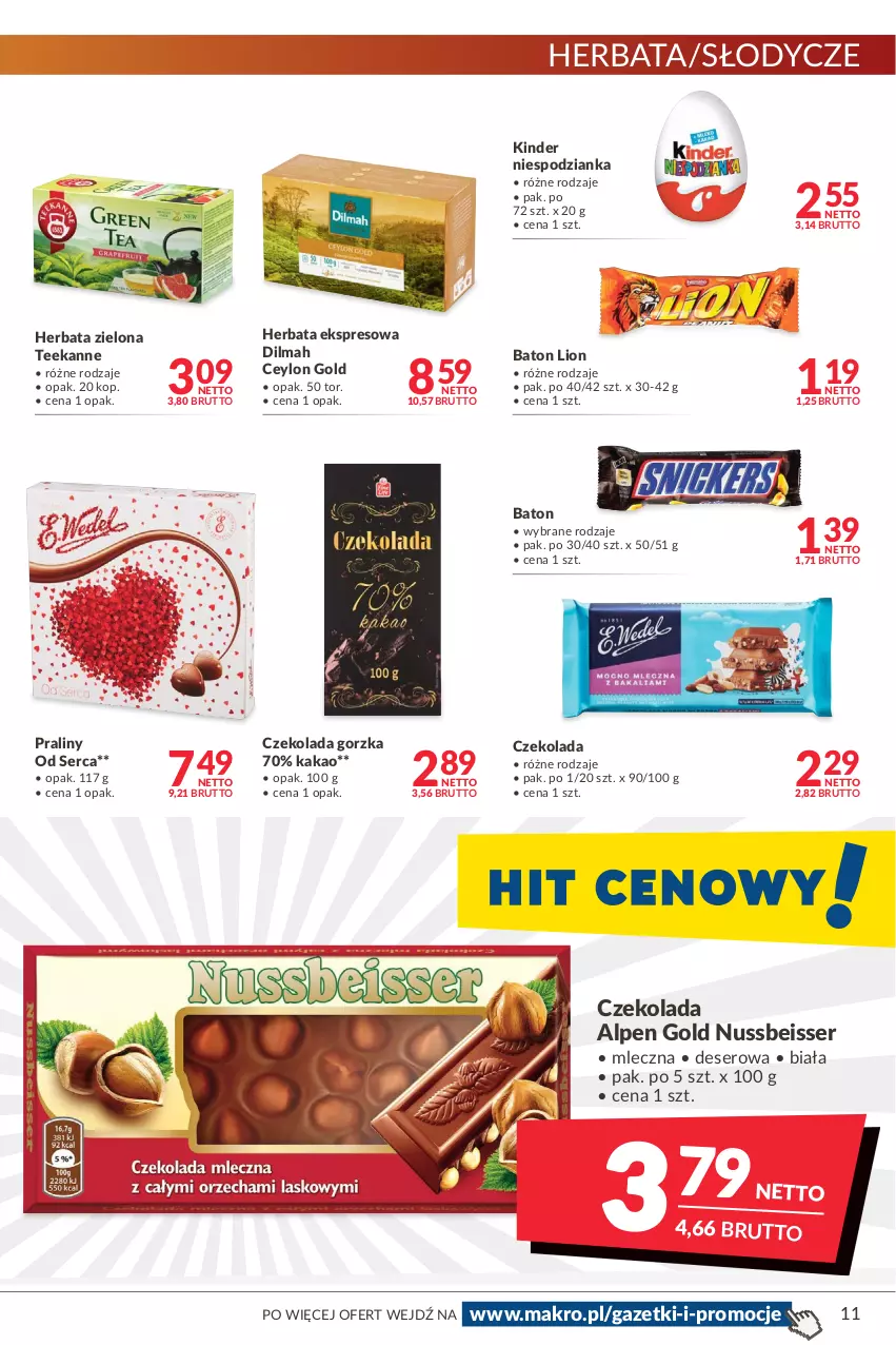 Gazetka promocyjna Makro - [Oferta promocyjna] Artykuły spożywcze i przemysłowe - ważna 24.01 do 07.02.2022 - strona 11 - produkty: Baton, Czekolada, Czekolada gorzka, Deser, Dilmah, Herbata, Kakao, Kinder, Lion, Praliny, Ser, Teekanne