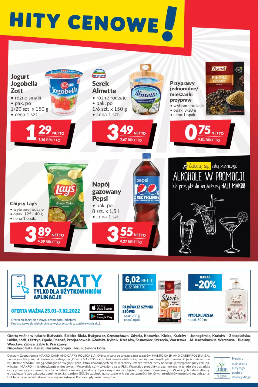 Gazetka promocyjna Makro - [Oferta promocyjna] Artykuły spożywcze i przemysłowe - ważna 24.01 do 07.02.2022 - strona 20 - produkty: Almette, Bell, Bella, Chipsy, Gra, Jogobella, Jogurt, Kosz, Lay’s, Luksja, Mydło, Napój, Napój gazowany, Papier, Parówki, Parówki z szynki, Pepsi, Piec, Przyprawy, Rum, Ser, Serek, Sos, Szal, Zott