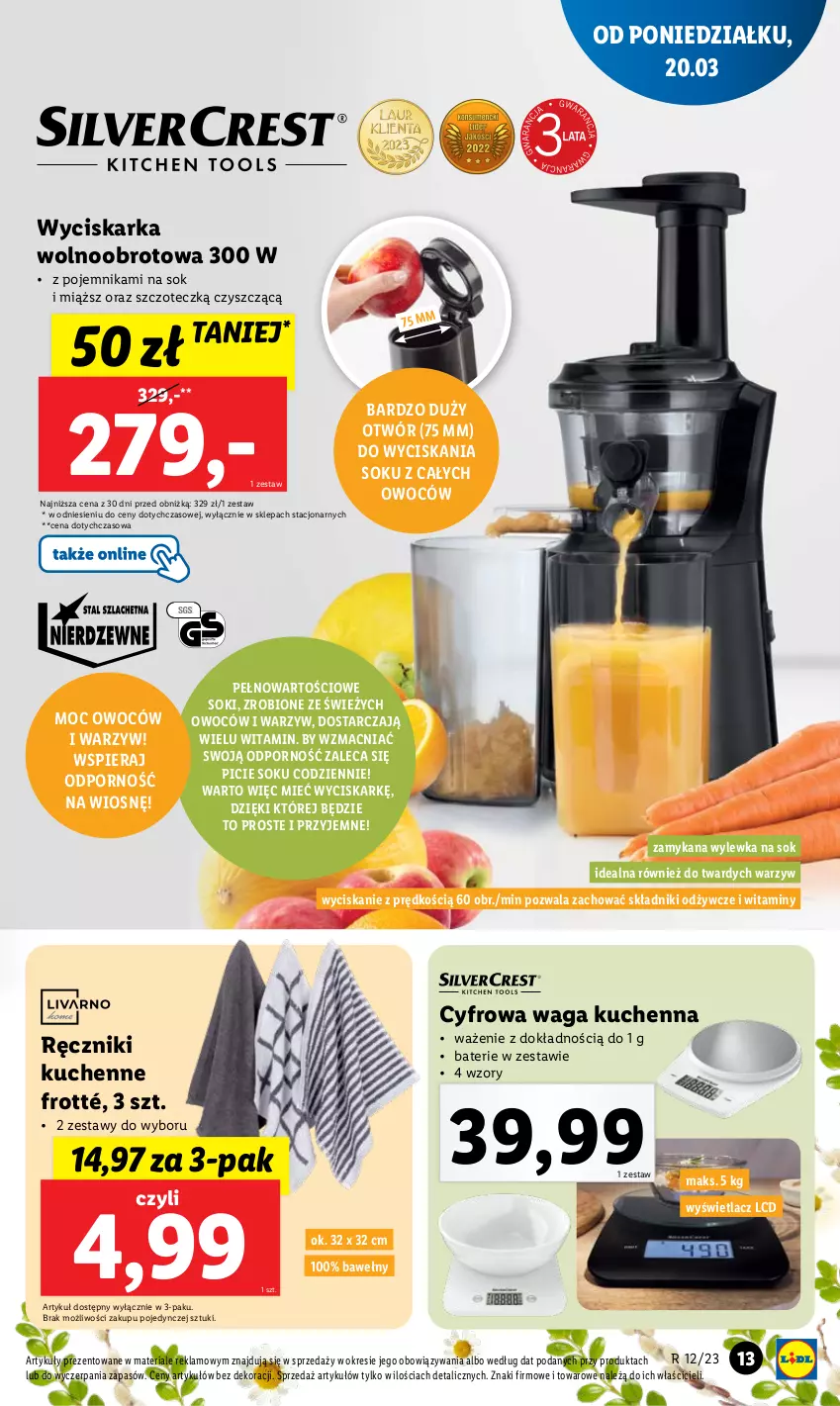 Gazetka promocyjna Lidl - GAZETKA - ważna 20.03 do 25.03.2023 - strona 13 - produkty: Pojemnik, Por, Ręcznik, Sok, Waga, Wyciskarka, Wyciskarka wolnoobrotowa