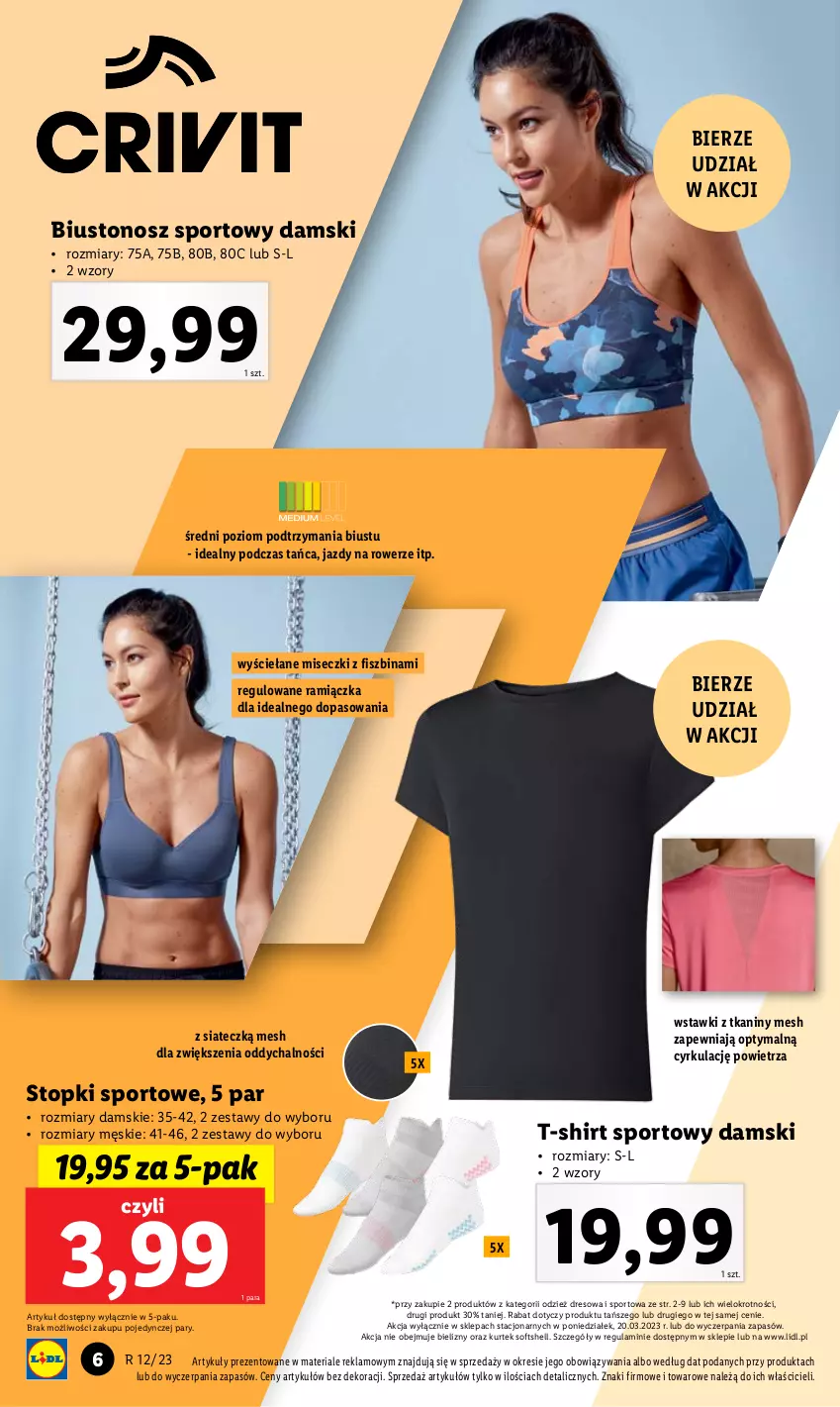 Gazetka promocyjna Lidl - GAZETKA - ważna 20.03 do 25.03.2023 - strona 6 - produkty: Biustonosz, Dres, Por, Rower, Sport, Stopki sportowe, T-shirt, Top