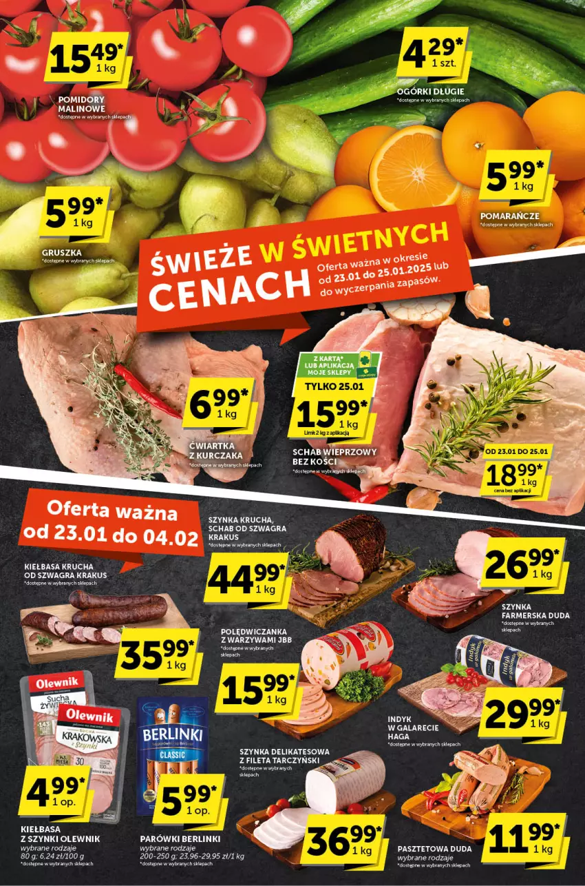 Gazetka promocyjna ABC - ważna 23.01 do 04.02.2025 - strona 3 - produkty: Berlinki, Duda, Fa, Gala, Gra, Kiełbasa, Kiełbasa krucha, Krakus, Olewnik, Pasztet, Pomarańcze, Szynka, Szynka farmerska, Warzywa