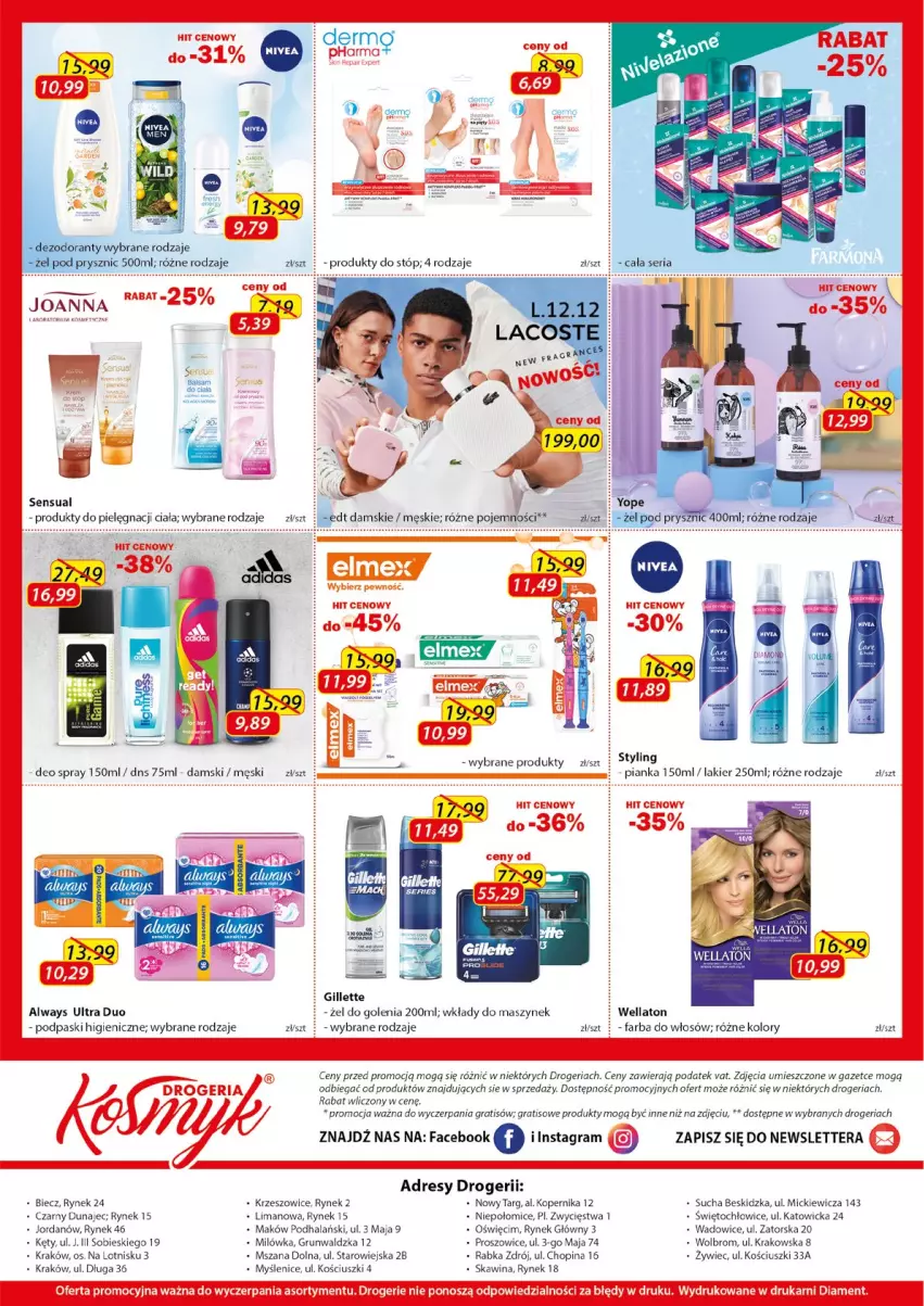 Gazetka promocyjna Kosmyk - Gazetka - ważna 08.04 do 30.04.2022 - strona 4 - produkty: Always, Always Ultra, Balsam do ciała, Dres, Fa, Farba do włosów, Gillette, Gra, Lakier, Podpaski, Sensual, Ser, Tera, Wella