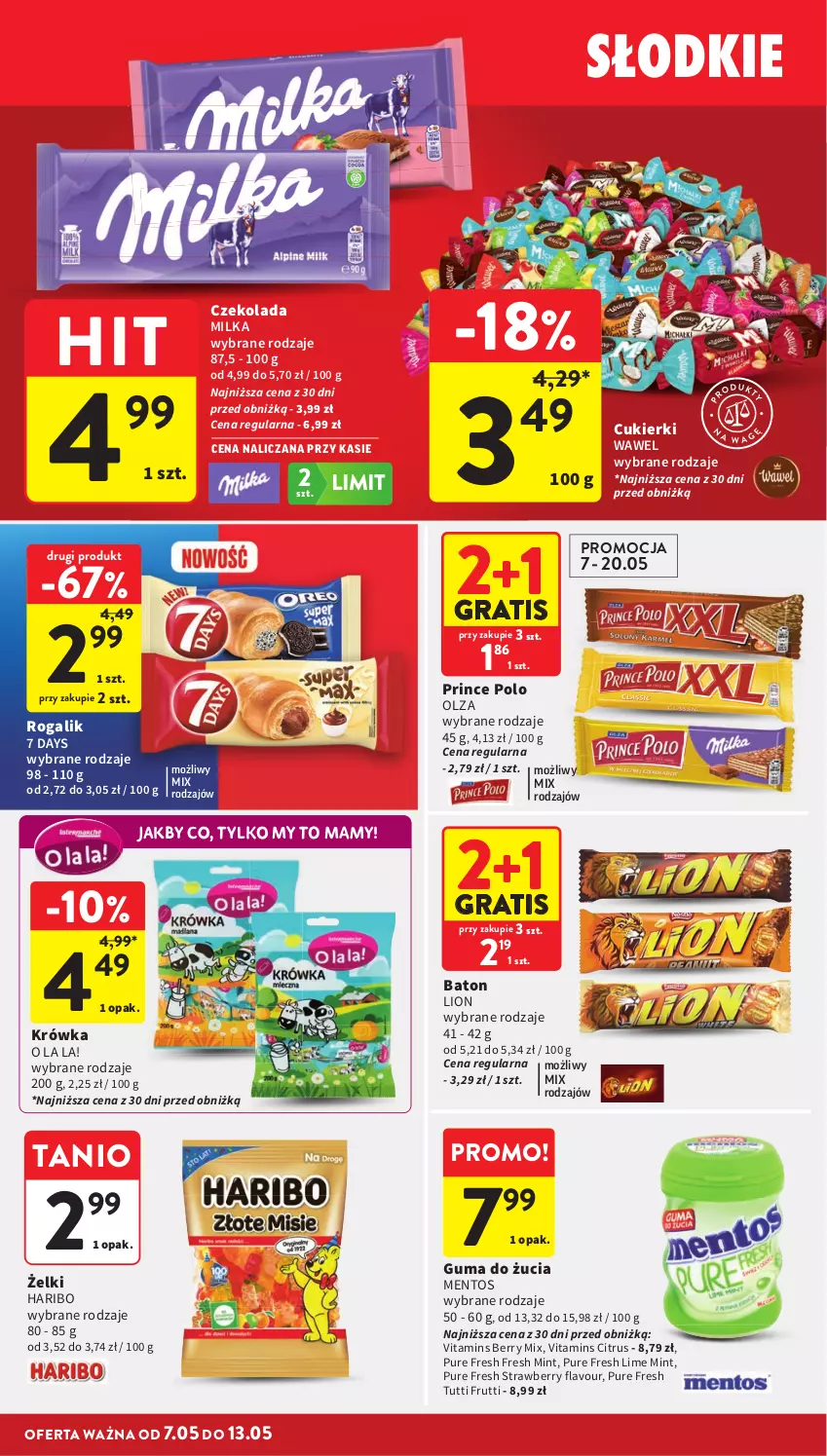 Gazetka promocyjna Intermarche - Gazetka Intermarche - ważna 07.05 do 13.05.2026 - strona 28 - produkty: 7 Days, Baton, Cukier, Cukierki, Czekolada, Gra, Guma do żucia, Haribo, Lion, Mentos, Milka, Prince Polo, Pur, Rogal, Wawel