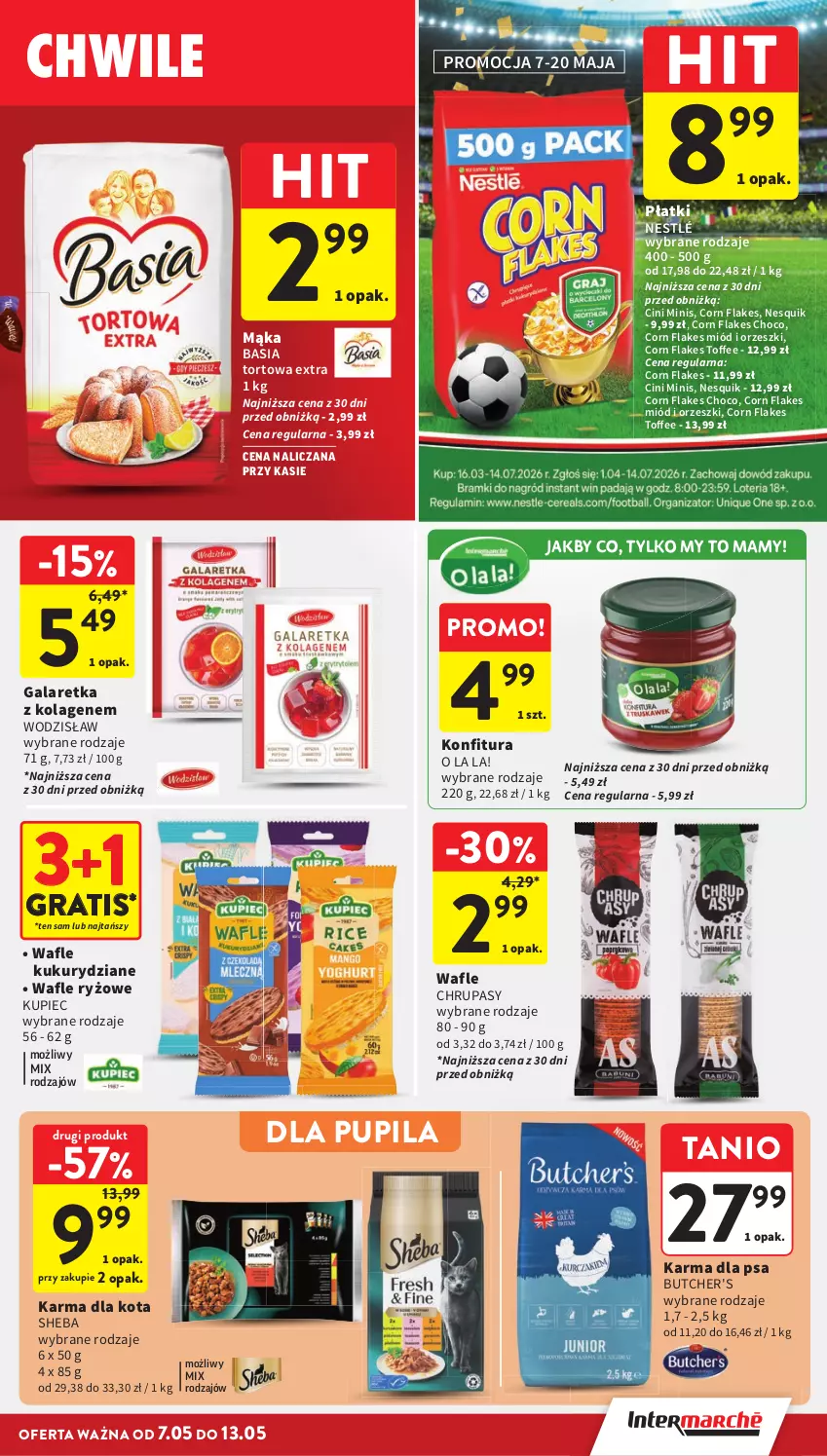 Gazetka promocyjna Intermarche - Gazetka Intermarche - ważna 07.05 do 13.05.2026 - strona 29 - produkty: Basia, Butcher's, Cini Minis, Corn flakes, Gala, Galaretka, Gra, Kolagen, Konfitura, Kupiec, Mąka, Miód, Nesquik, Nestlé, Orzeszki, Piec, Ryż, Sheba, Wafle