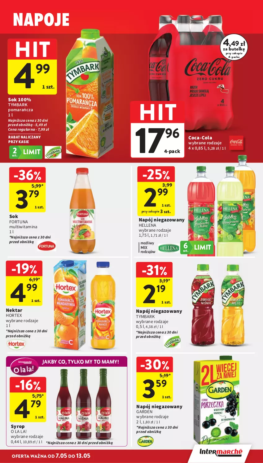 Gazetka promocyjna Intermarche - Gazetka Intermarche - ważna 07.05 do 13.05.2026 - strona 33 - produkty: Coca-Cola, Fortuna, Hellena, Hortex, Napój, Napój niegazowany, Nektar, Sok, Syrop, Tymbark