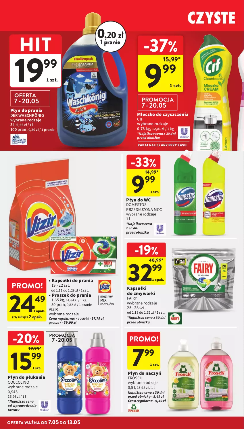 Gazetka promocyjna Intermarche - Gazetka Intermarche - ważna 07.05 do 13.05.2026 - strona 38 - produkty: Cif, Coccolino, Domestos, Fa, Fairy, Frosch, Kapsułki do prania, König, Mleczko, Płyn do płukania, Płyn do prania, Płyn do wc, Proszek do prania, Vizir, Zmywarki