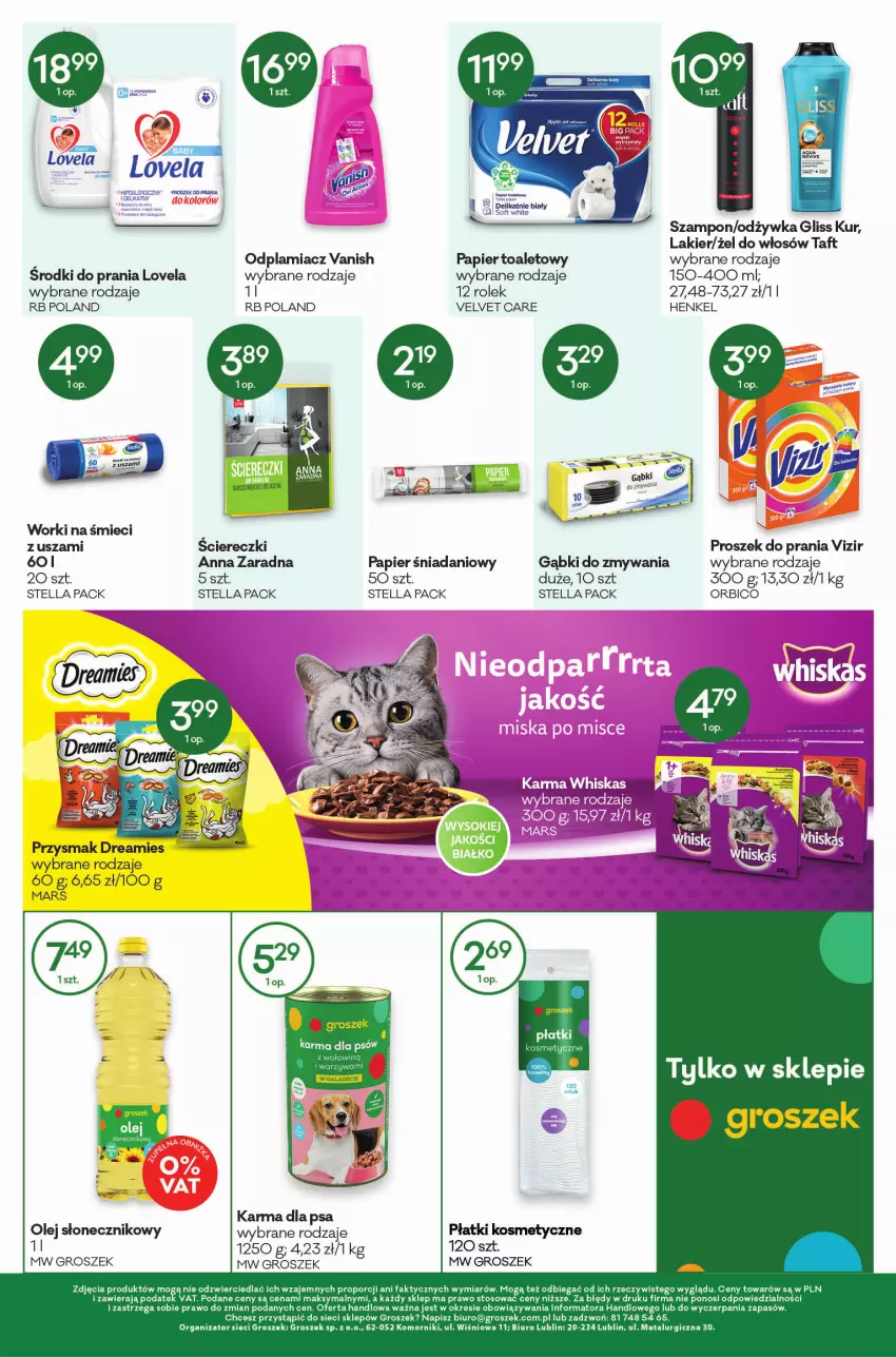 Gazetka promocyjna Groszek - ważna 17.02 do 01.03.2022 - strona 12 - produkty: BIC, Biuro, Danio, Fa, Gliss Kur, Groszek, Lakier, LG, Lovela, Mars, Odplamiacz, Odżywka, Olej, Olej słonecznikowy, Papier, Papier toaletowy, Płatki kosmetyczne, Por, Proszek do prania, Szampon, Taft, Vanish, Velvet, Vizir, Worki na śmiec, Worki na śmieci