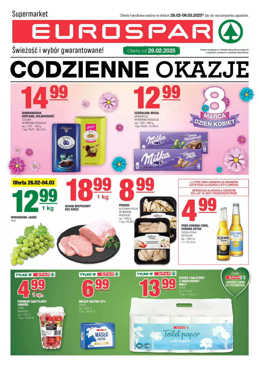 Gazetka promocyjna Spar - EuroSpar - ważna 23.02 do 05.03.2025 - strona 1 - produkty: Coca-Cola, Corona Extra, Czekolada, Goplana, LANA, Masło, Milka, Pierogi, Piwo, Ser, Wino